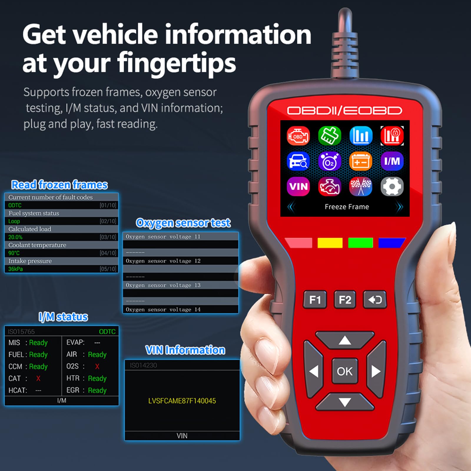 Escáner K2 OBD2 OBD2 Herramienta de diagnóstico con probador de batería, lector de código de fallo del motor con marco congelado, prueba de sensor de oxígeno, estado de preparación I/M, adecuado para