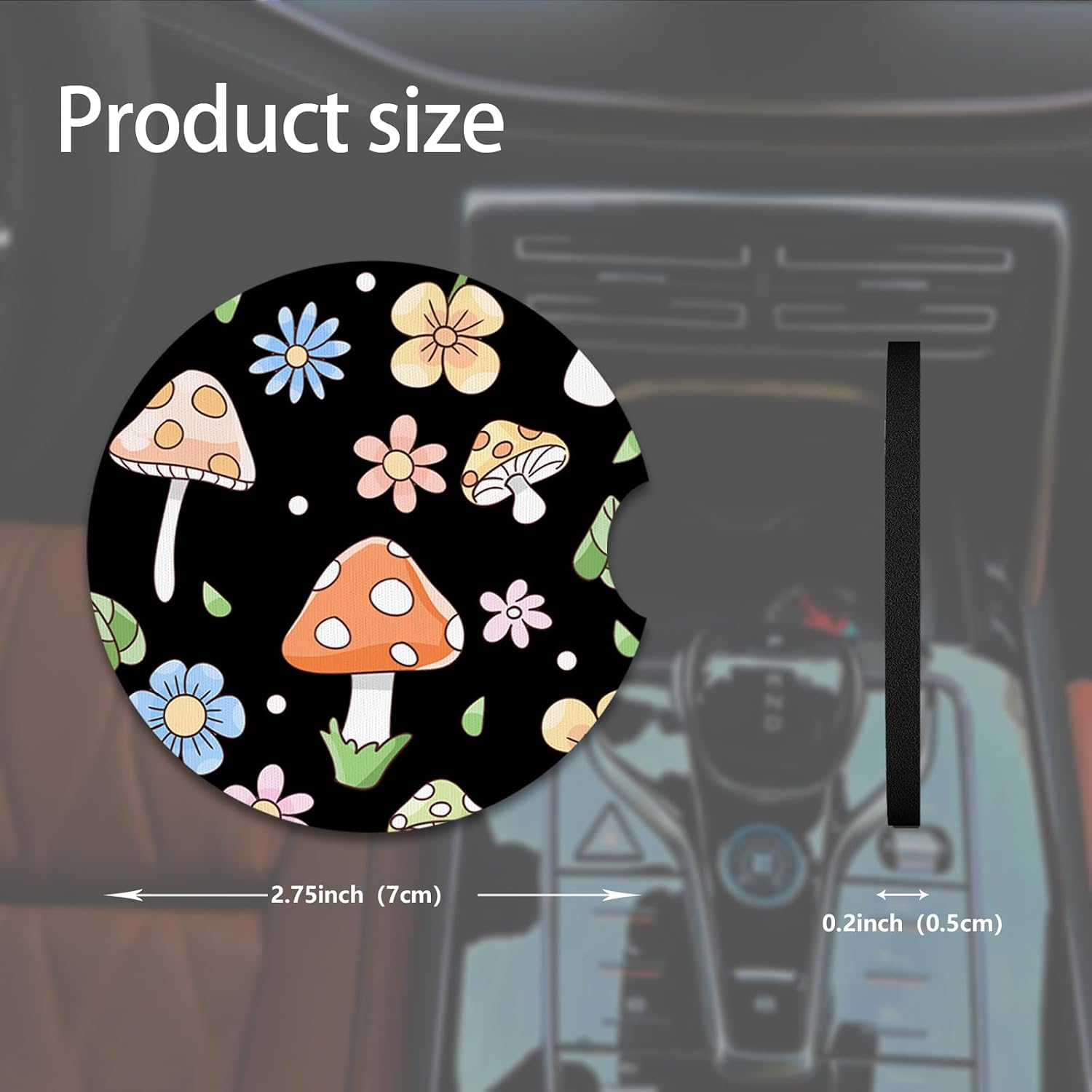 2pcs Cute Pink Mushrooms Car Coasters,Absorbent Universal neoprener Cup Holder Coasters with a Finger Notch,Car Accessories for Women&Man Interior，2.75" 1 image 2