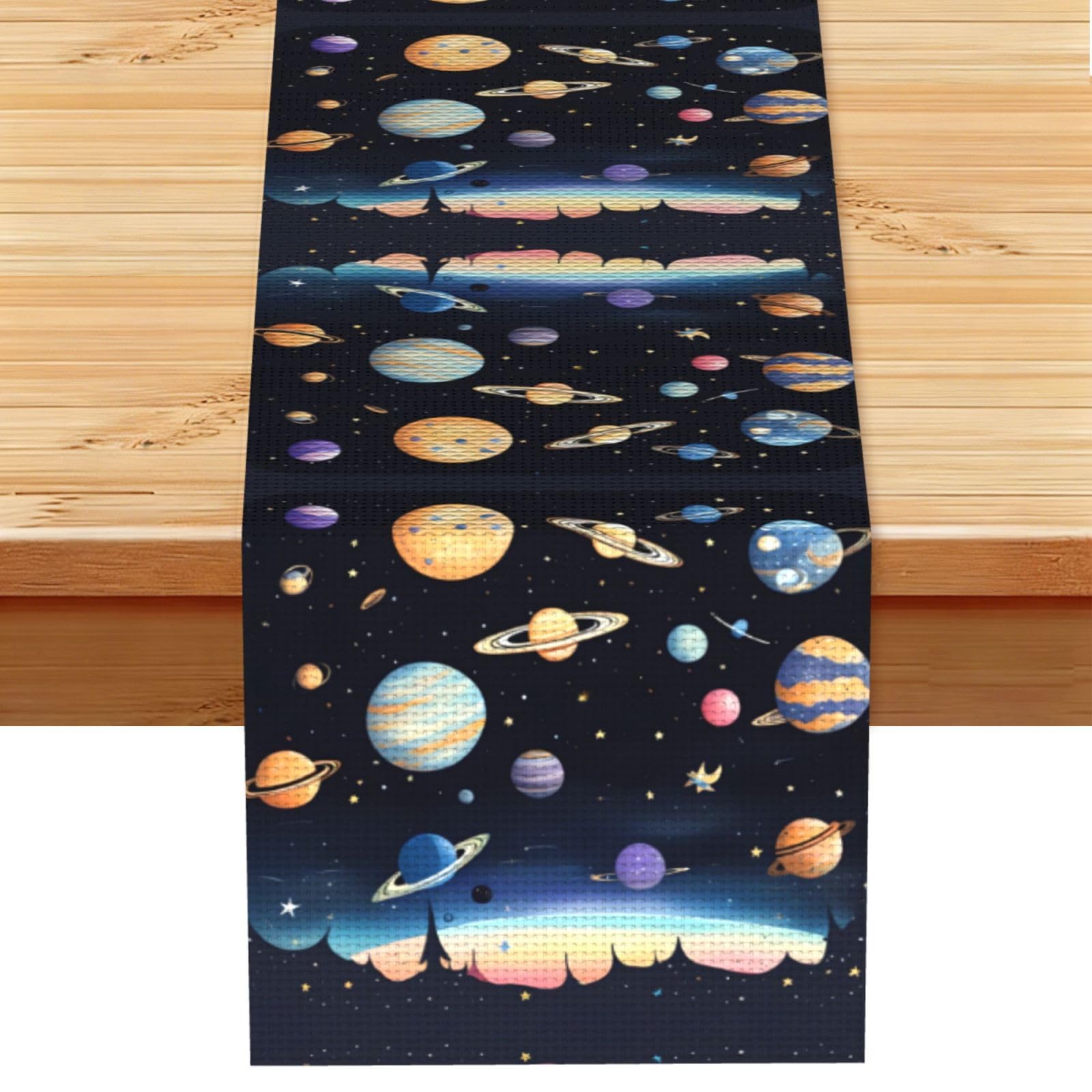 Saturn Jupiter Earth Linen Look Table Runner 13x72-Wrinkle Resistant Farmhouse Style for Dining Table Decor