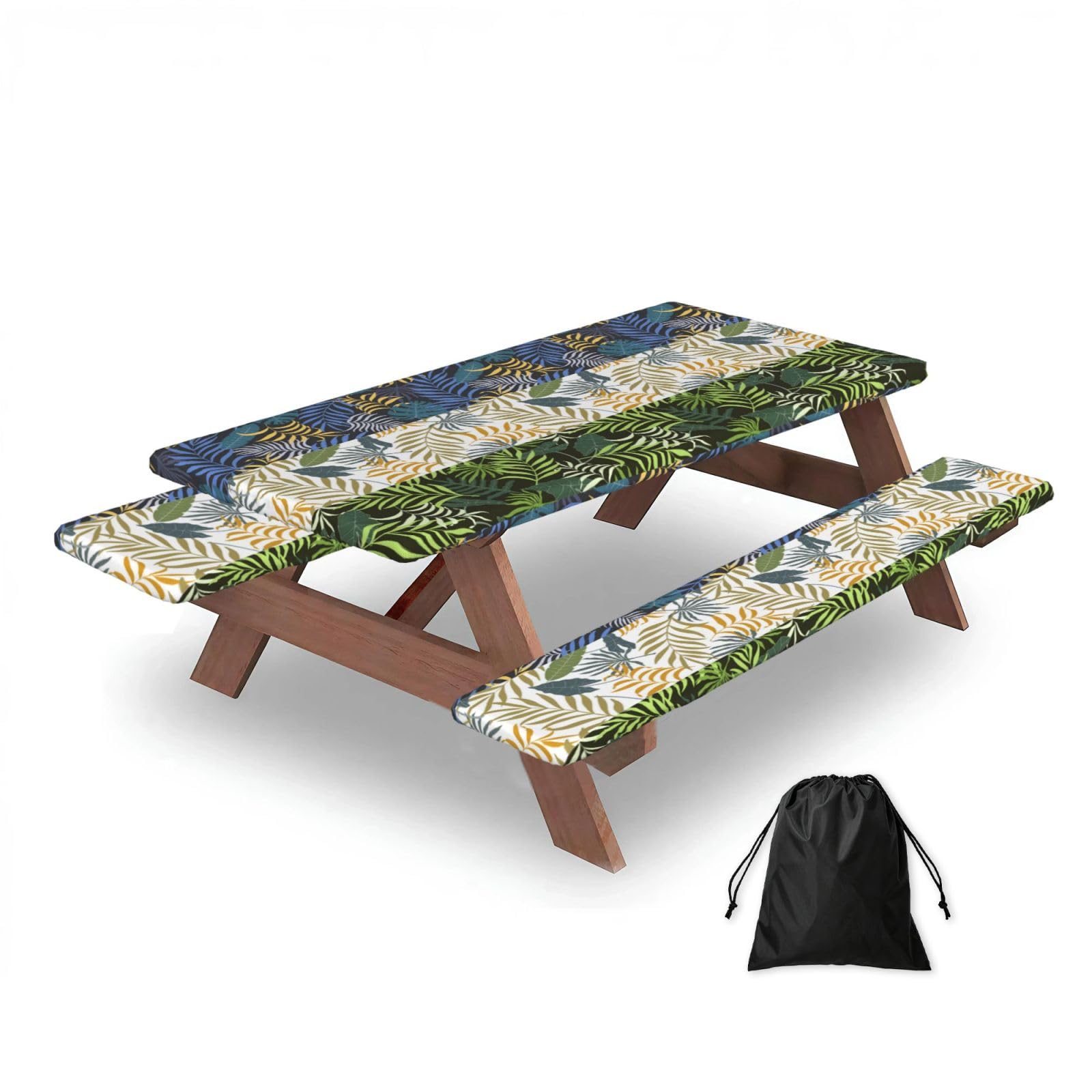 Dopklna As Picture Three Tropical Leaves, Picnic Table Cover With Bench Covers -Waterproof Elastic Fitted Tablecloth For Garden Camping Patio 76X152cm