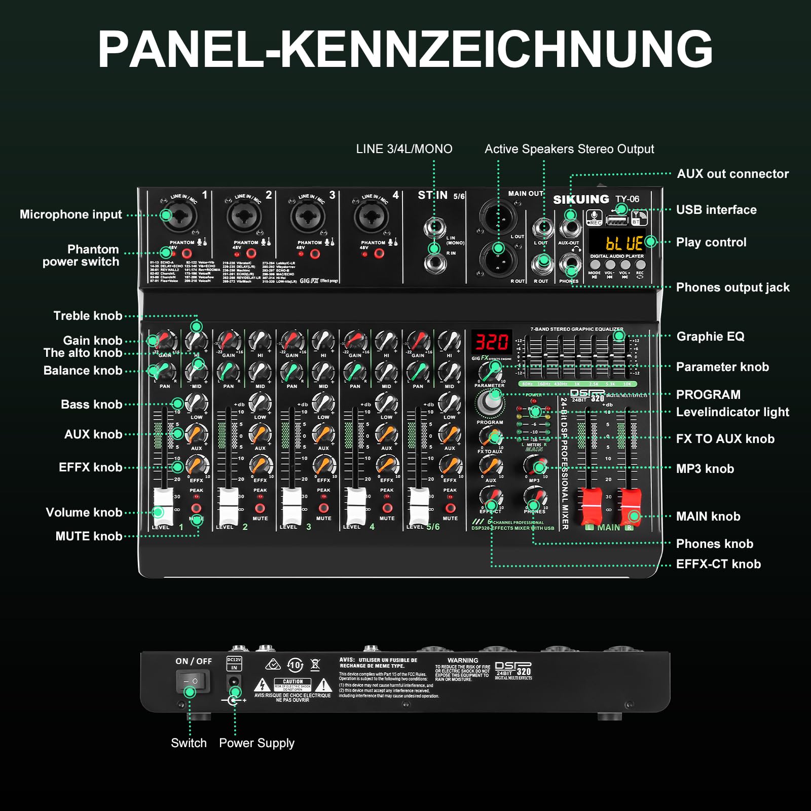 Table de mixage portable 6 canaux, mixeur audio professionnel, 320 effets DSP + égaliseur 7 bandes, carte son Bluetooth + interface USB, idéal pour l'enregistrement sur PC, les effets de studio