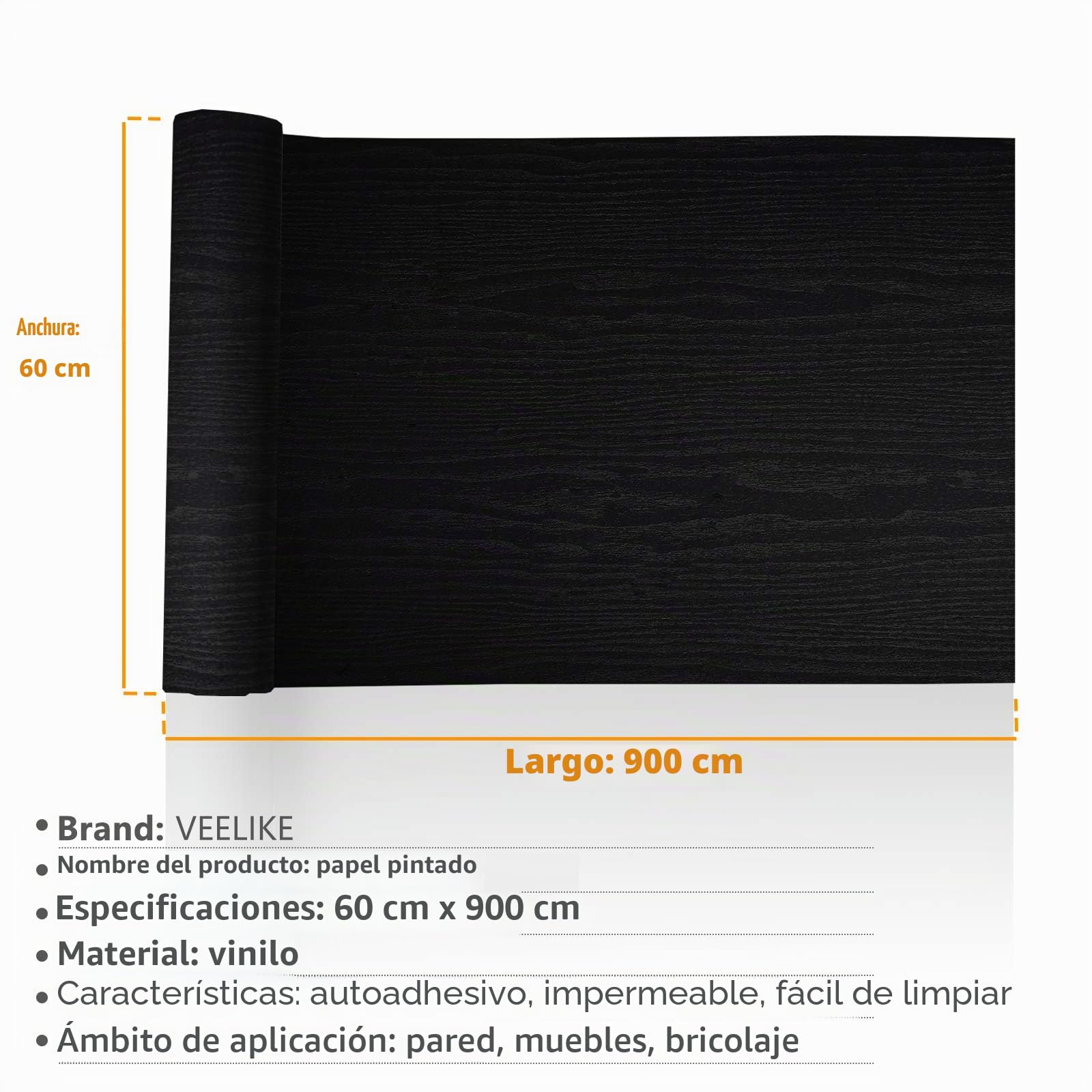 VEELIKE Papel Pintado Madera Negro Adhesivo para Muebles 60cm x 900cm Tapiz Autoadhesivo Impermeable de Pared Decorativo Salón Habitación Armario Baño Vinilo
