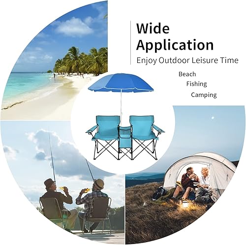 Miniatura 8 de ARLIME Sillas de playa plegables dobles con paraguas, sillas portátiles de picnic al aire libre con paraguas extraíble y mini bolsa de transporte de