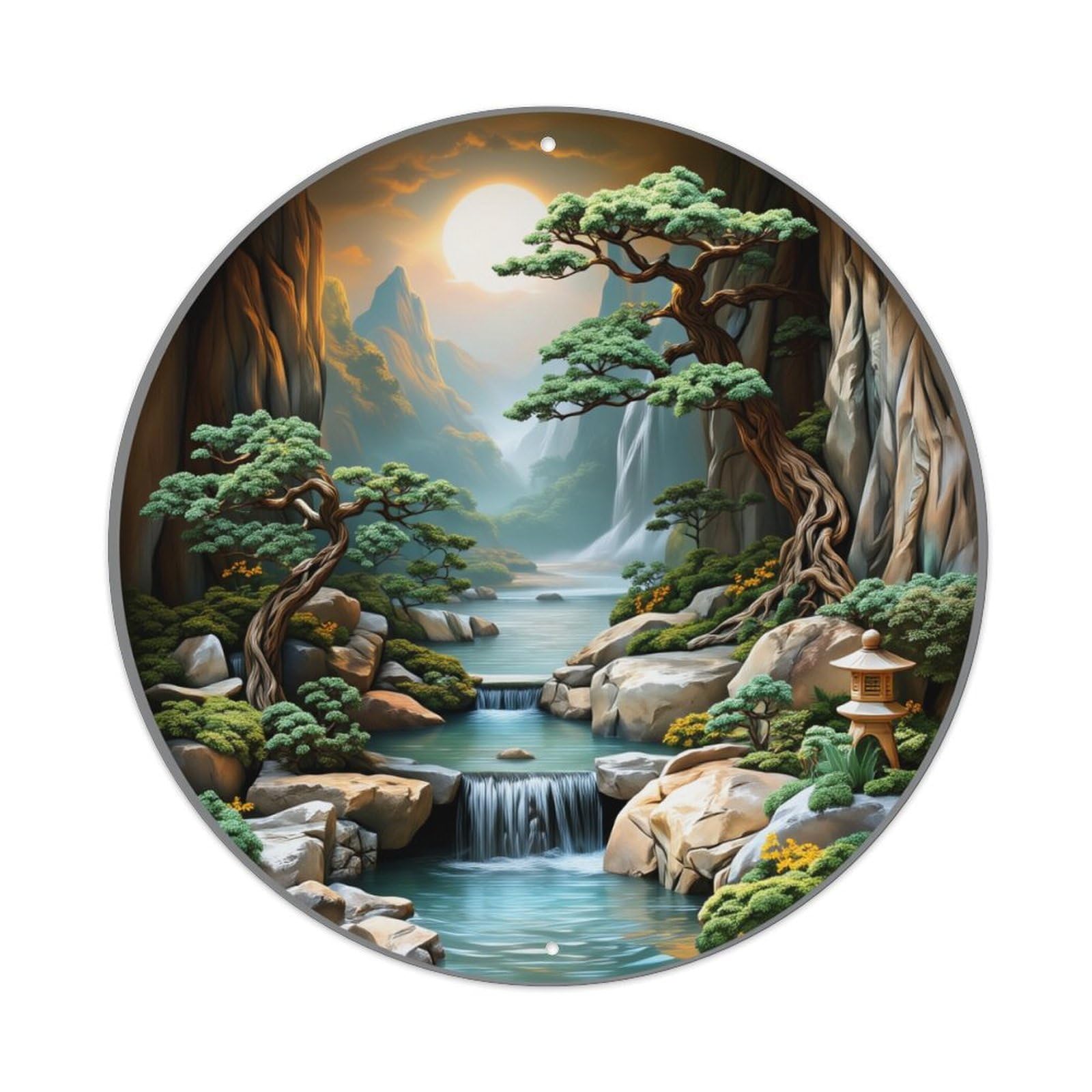 Mountain Stream Pine Tree Lantern Round Tin Sign Vintage Metal Poster, Home Bar Garage Man Cave Cafe Indoor & Outdoor Wall Decoration 8x8Inches