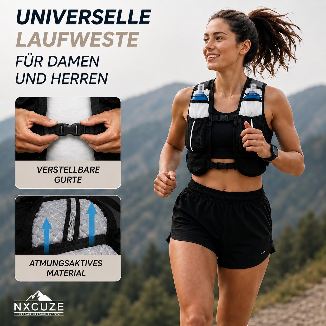 NXCUZE® Premium Laufweste Damen & Herren mit 2X 500ml Trinkflasche – Laufweste mit Trinkflasche / Trinkrucksack & Laufrucksack zum Laufen, Joggen & Trailrunning – Ultraleicht & verstellbar