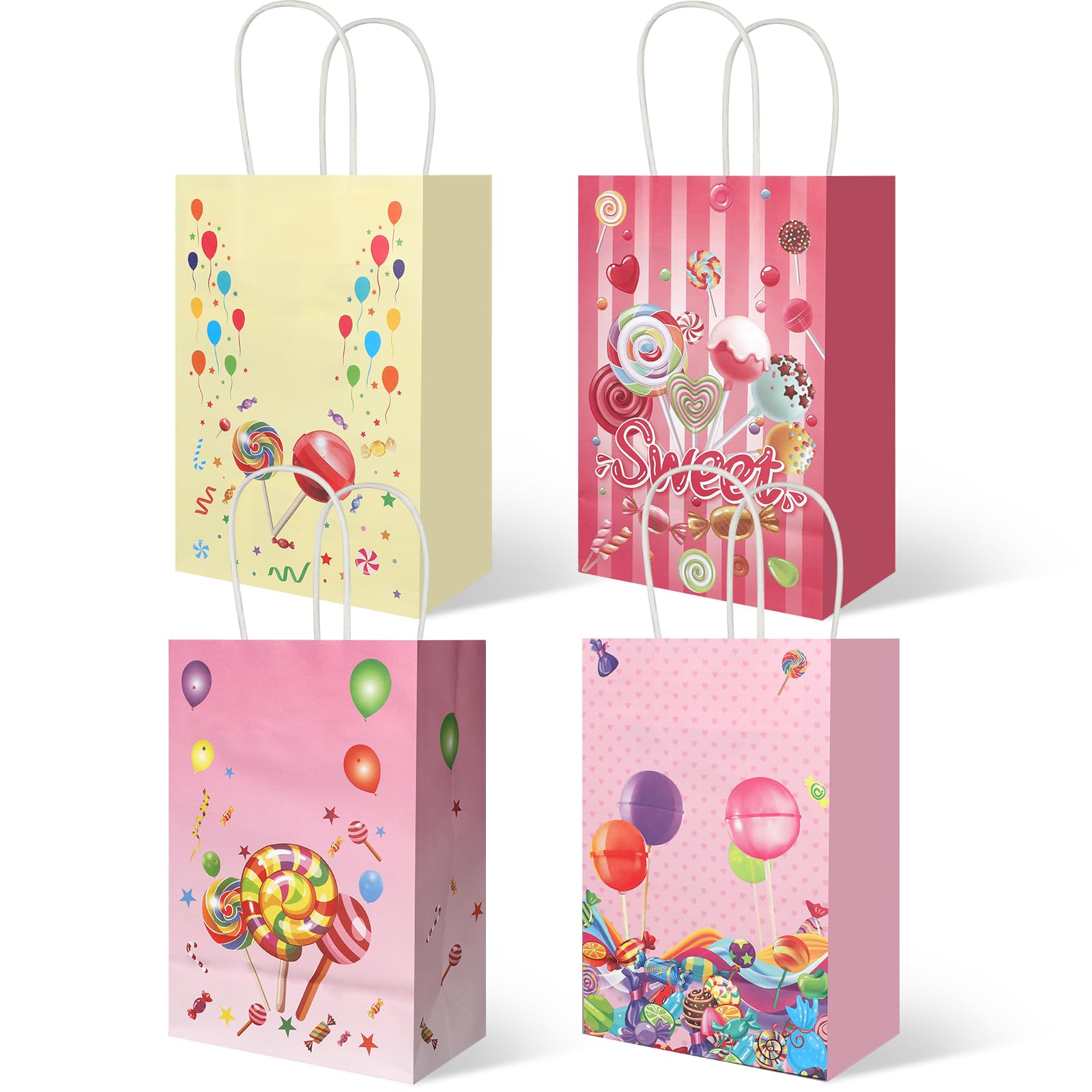 20Pcs Candyland Goodie Bags with Handles, Candy Party Favors Bags, Lollipop Paper Gift Bags, Sweet Candy Party Treat Gift Bags for Kids Birthday Baby