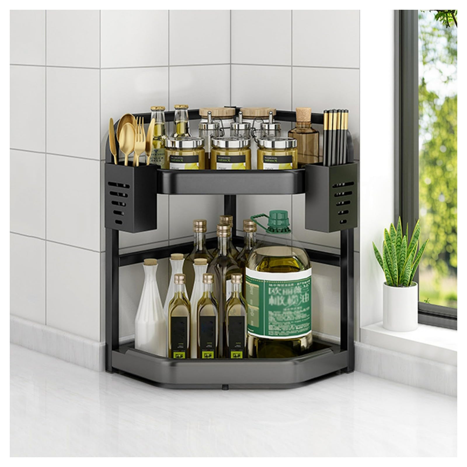 HADECOLL Corner Spice Rack, Stainless Steel And Abs Kitchen Shelf With Knife Holder, Hooks, Rustproof Design For Countertop Storage,2 Tier-L