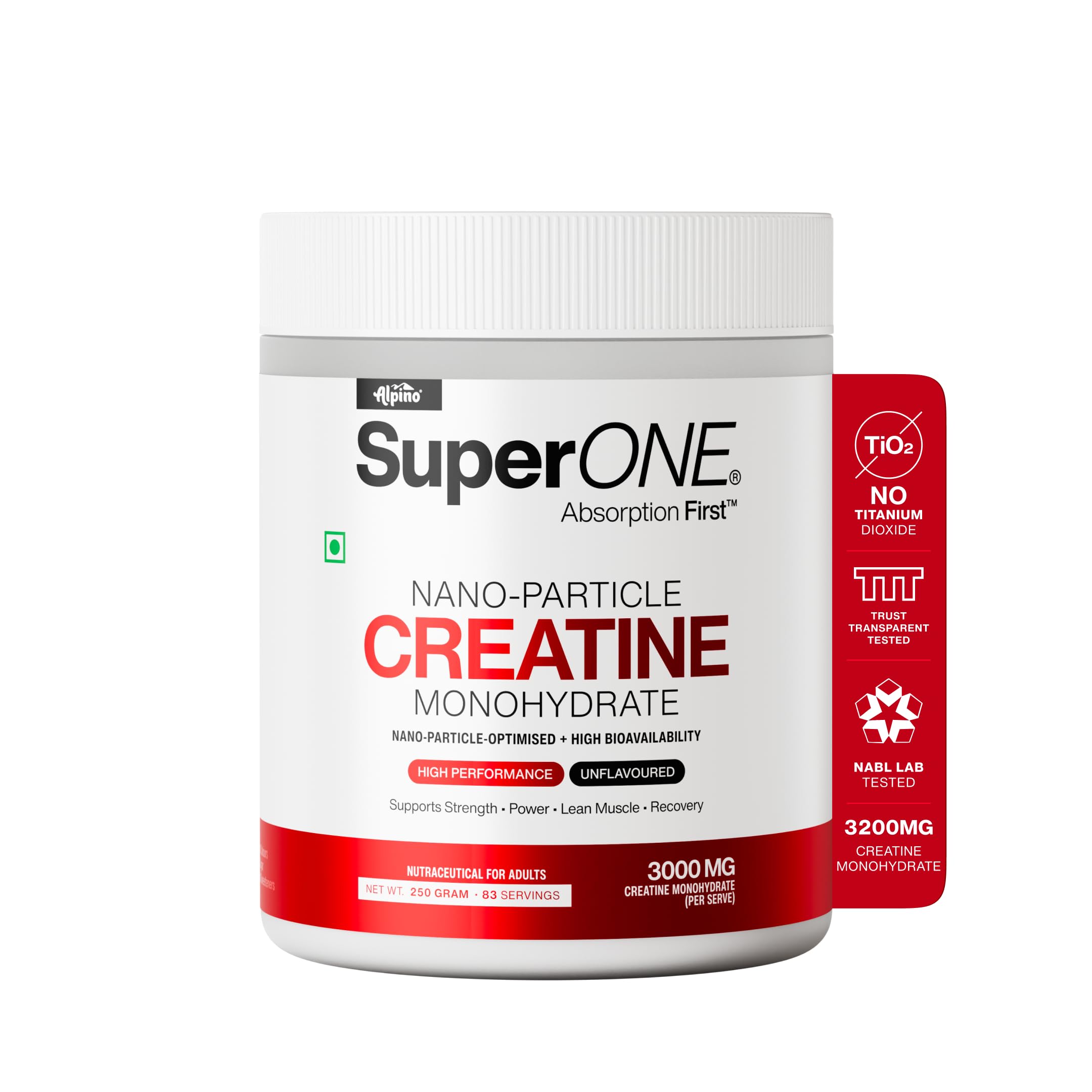 Alpino SuperONE Nano-Particle Creatine Monohydrate Powder | 3000mg Creatine per Scoop | 0.12 Micron Particle Size for Faster Absorption | Strength, Power & Recovery | 250g