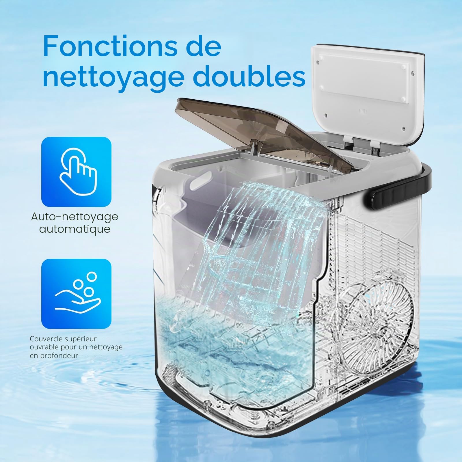 Aigostar Machine a Glacons 1,5 L, 130W Machines à Glaçons à Double Couvercle, 9 Glaçons en 6 Mins, 12kg/24h, 2 Tailles de Glaçons, Autonettoyante, Portable pour Maison/Cuisine/Camping, Noir
