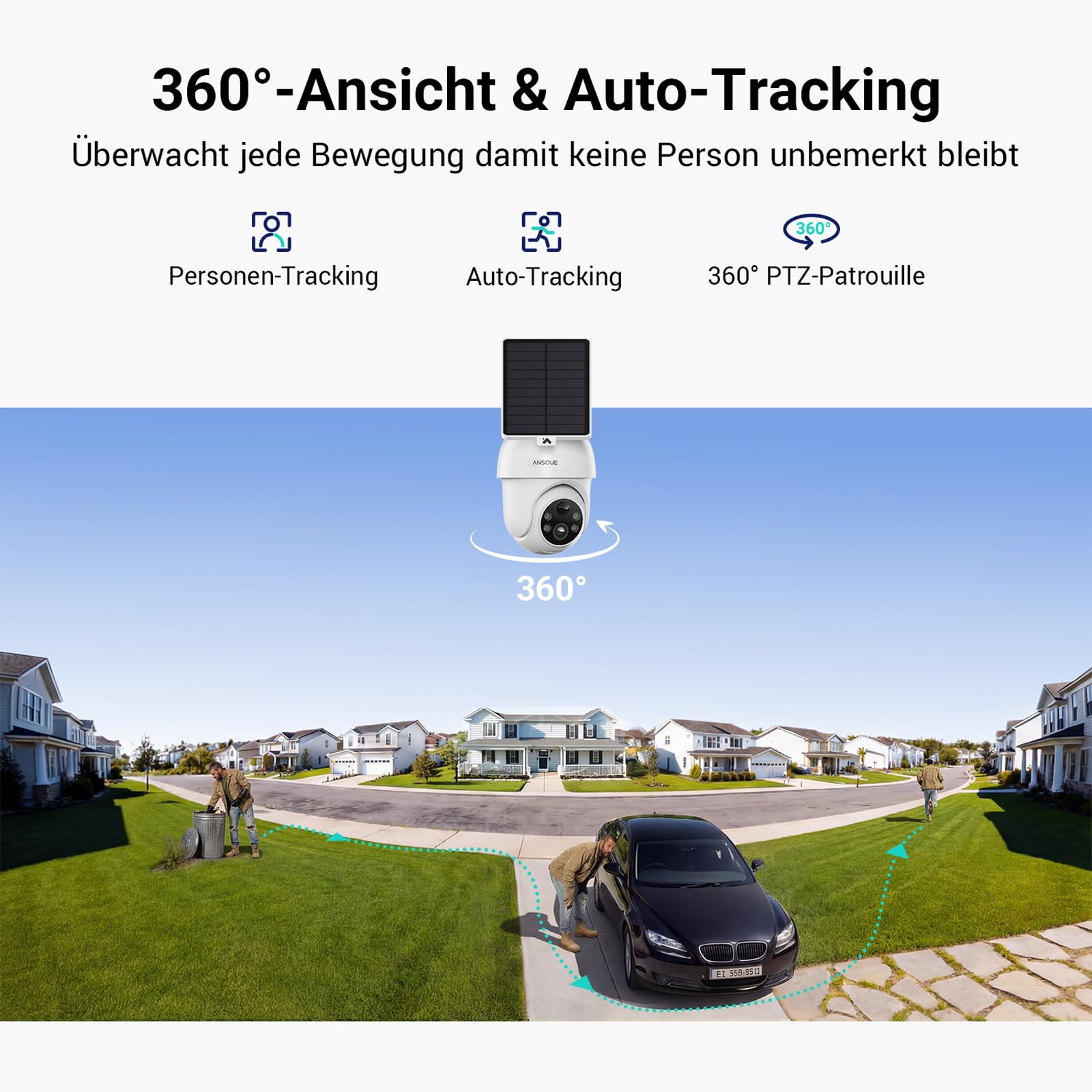 ANSQUE Überwachungskamera Außen Solar Akku, 4er Set mit AnsqueBase, Ohne Abonnement, 32GB Lokalspeicher, 360° Automatische Verfolgung, 2K Farb-Nachtsicht