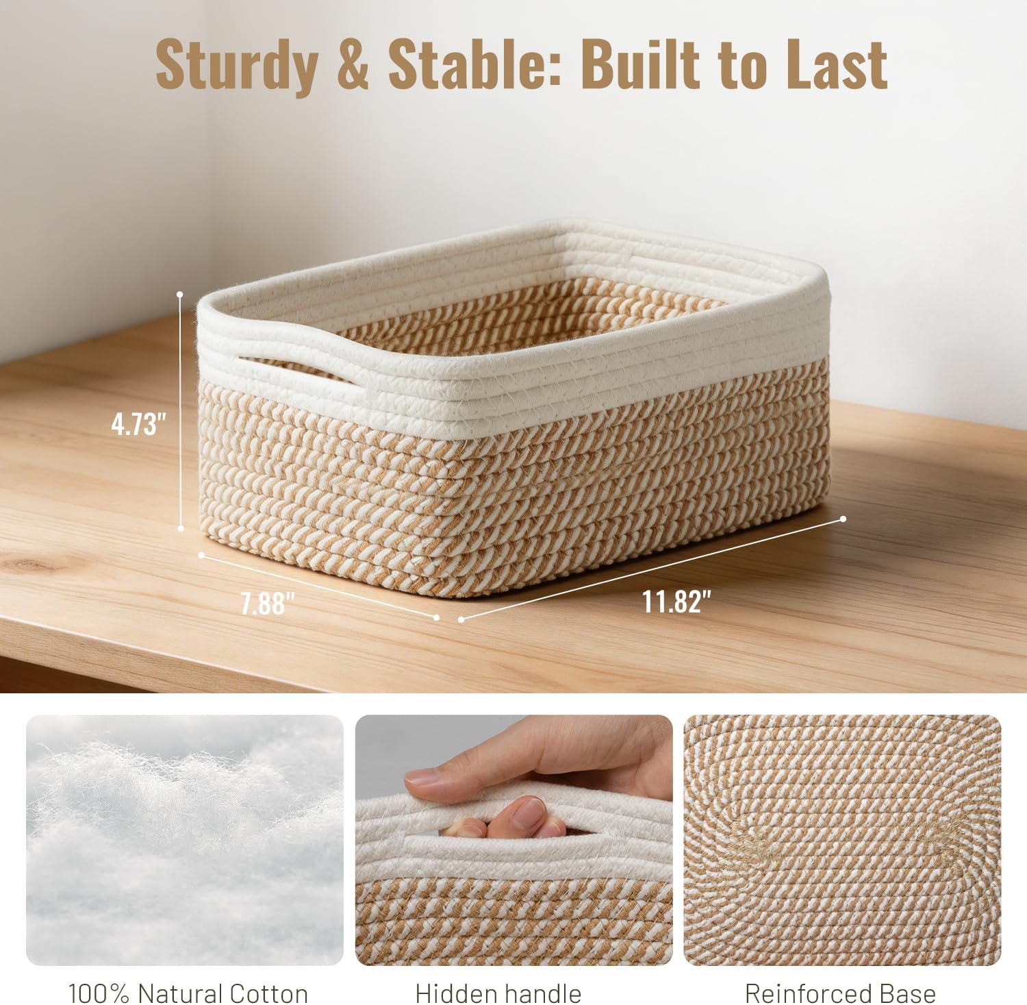 5 Pack Small Woven Storage Baskets for Shelves, Cotton Rope Baskets Organizer for Bathroom, Closet & Nursery, Decorative Storage Bins for Organizing Socks, Toys, 11.8"x7.9"x4.7", Khaki/White