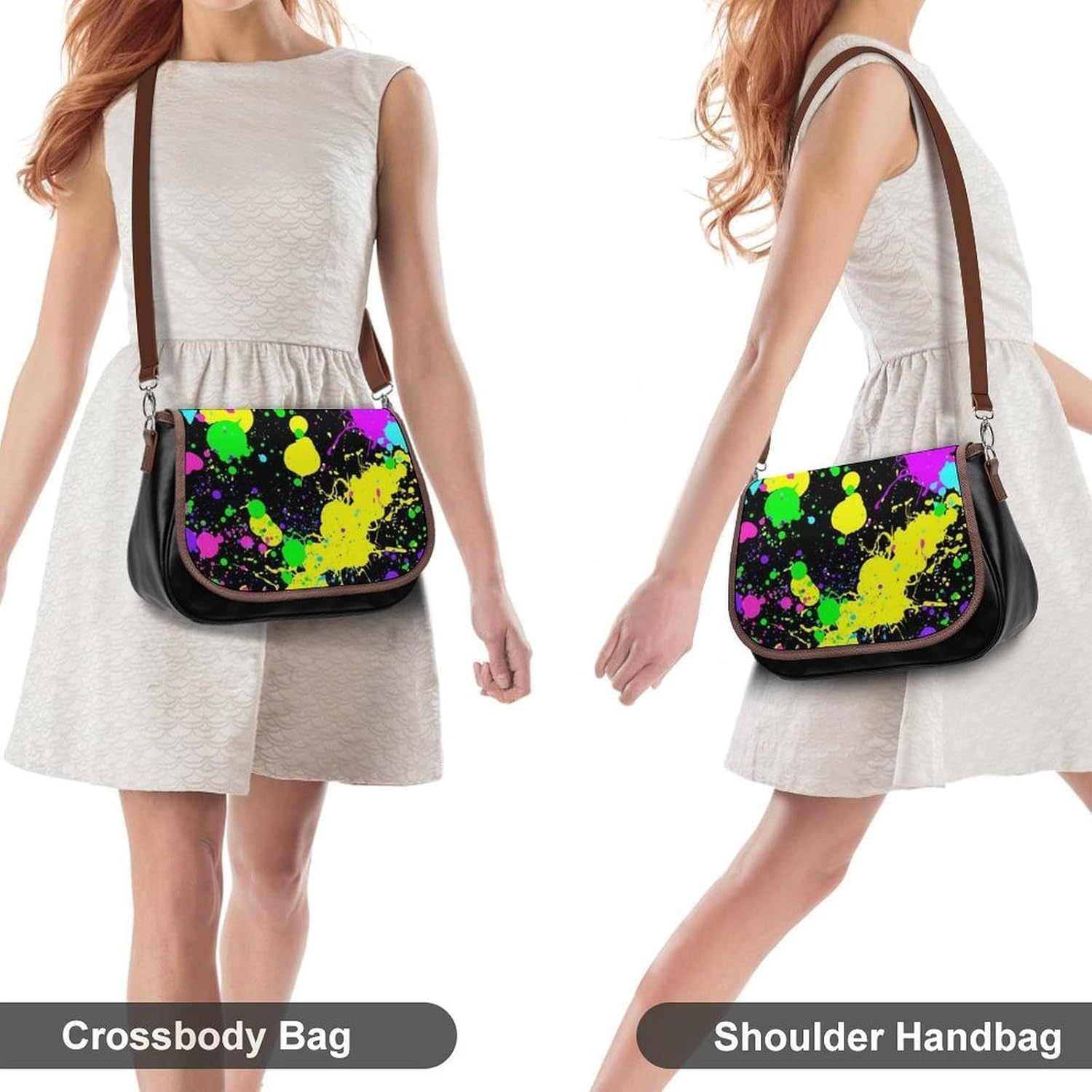 Neon Paint SplatterWomen's Faux Leather Crossbody Bag, Waterproof Wrinkle-Resistant Shoulder Bag with Detachable Strap, Large Capacity Casual Handbag, Fashion Daily Purse for Shopping Work Dating, Ide