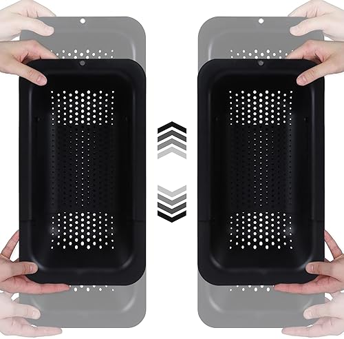 Miniatura 9 de BLUE GINKGO Cestas coladoras para fregadero (paquete de 2) para lavar verduras y frutas, escurrir la pasta cocida y platos secos, extensibles, Gris