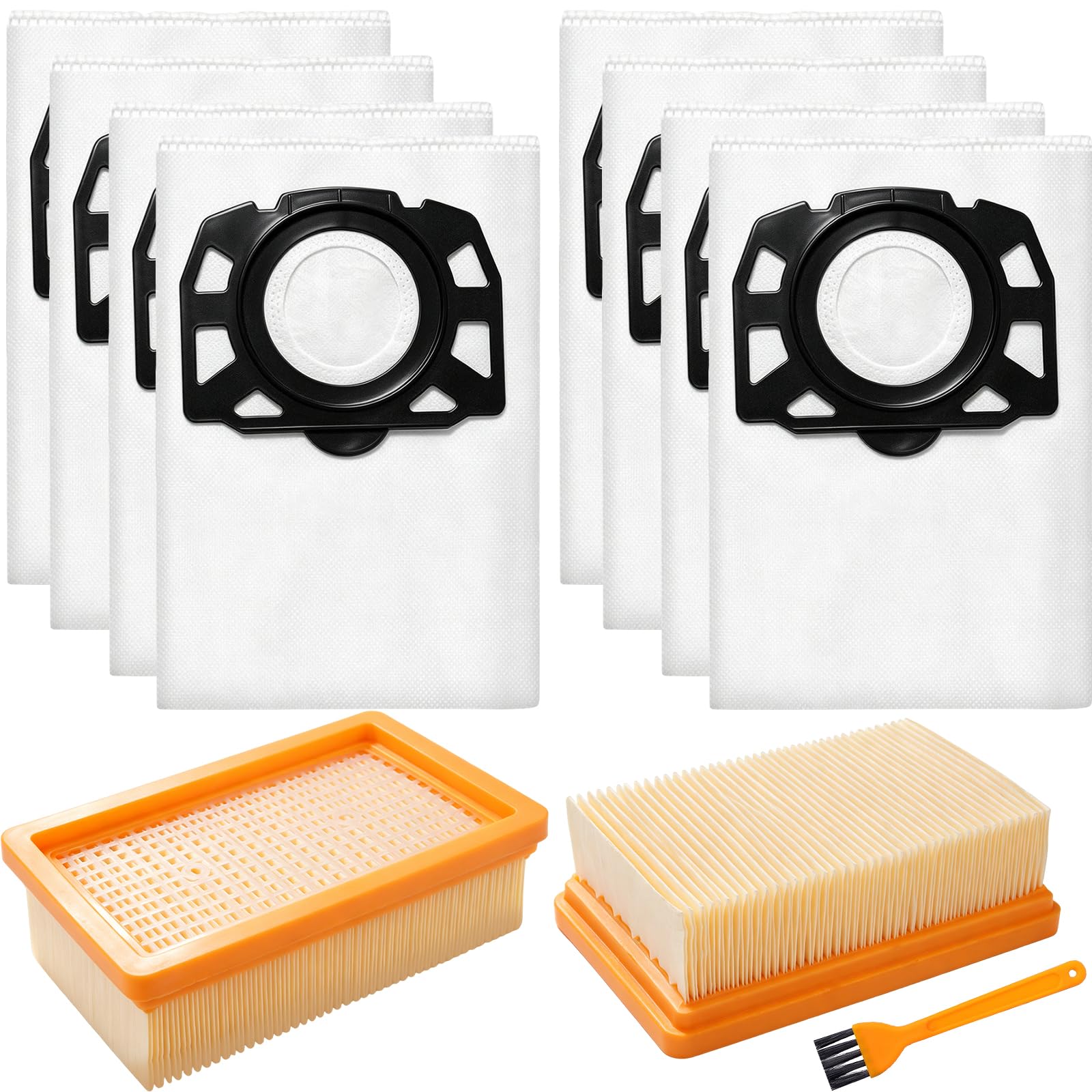 8 Pack Bags + 2 Filters for Karcher WD4/WD5/WD6 & Premium MV4/MV5/MV6 Wet Dry Vacuum – Compatible Replacement Parts
