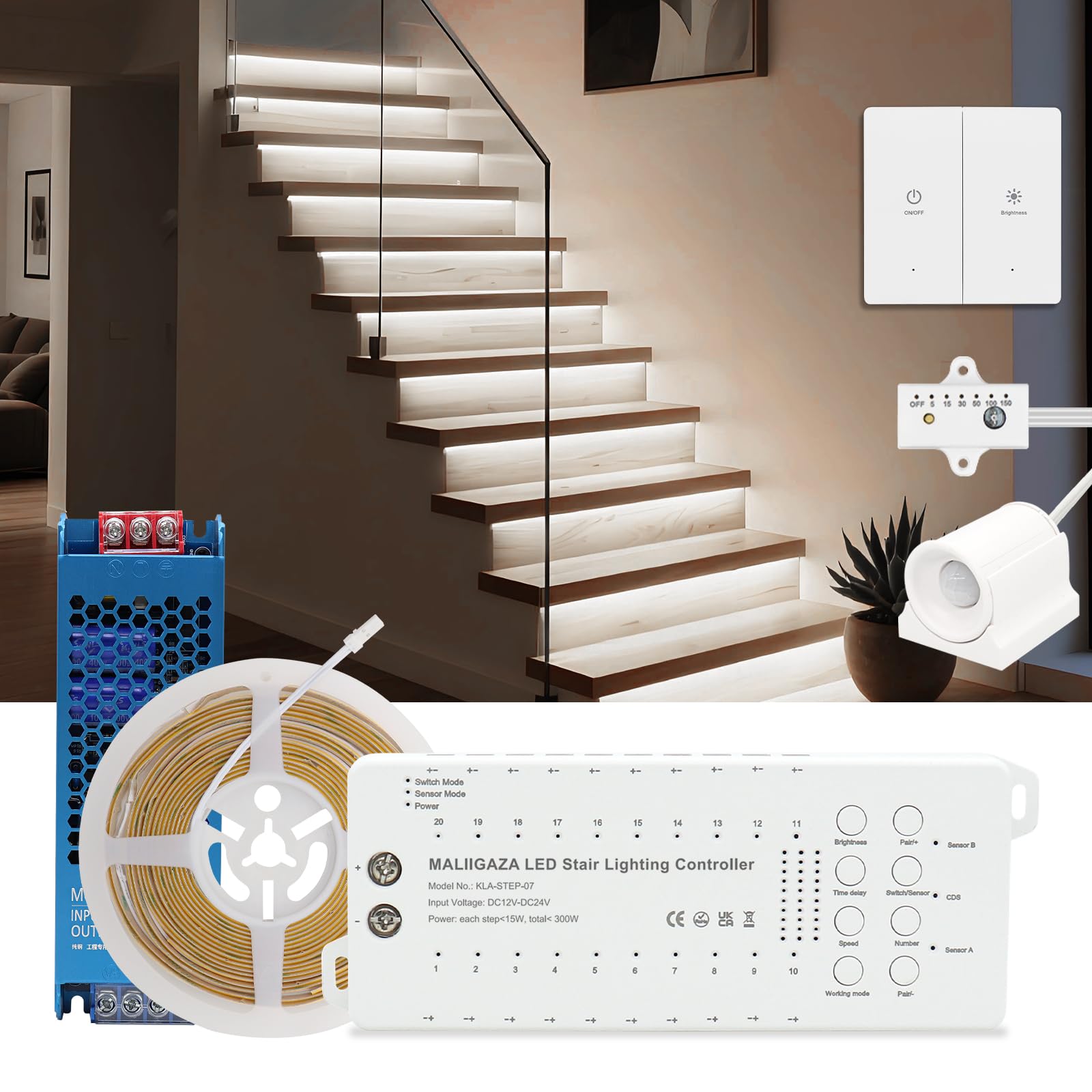 MALIIGAZA Intelligent Motion Sensor Stair Light Kit, 16 Steps Cool White 6000K