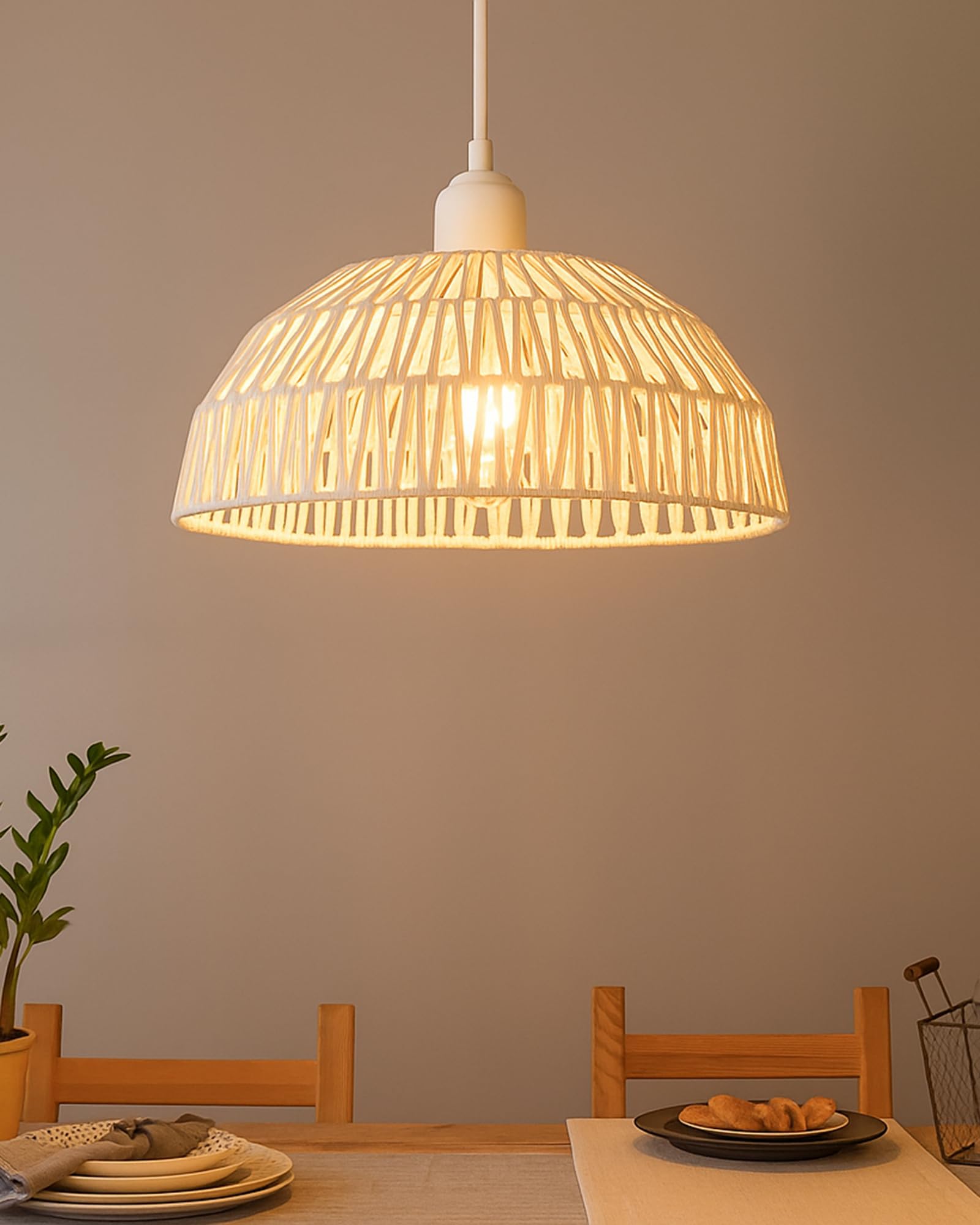 Homesake® Woven Boho Macrame Pendant Light Hanging Lamp Basket Rattan Fixtures Ceiling Handmade Cage Semi Flush Mount Mini Chandeliers Bulb Small Nursery Entryway Bamboo Living Hallway (White)-image-10