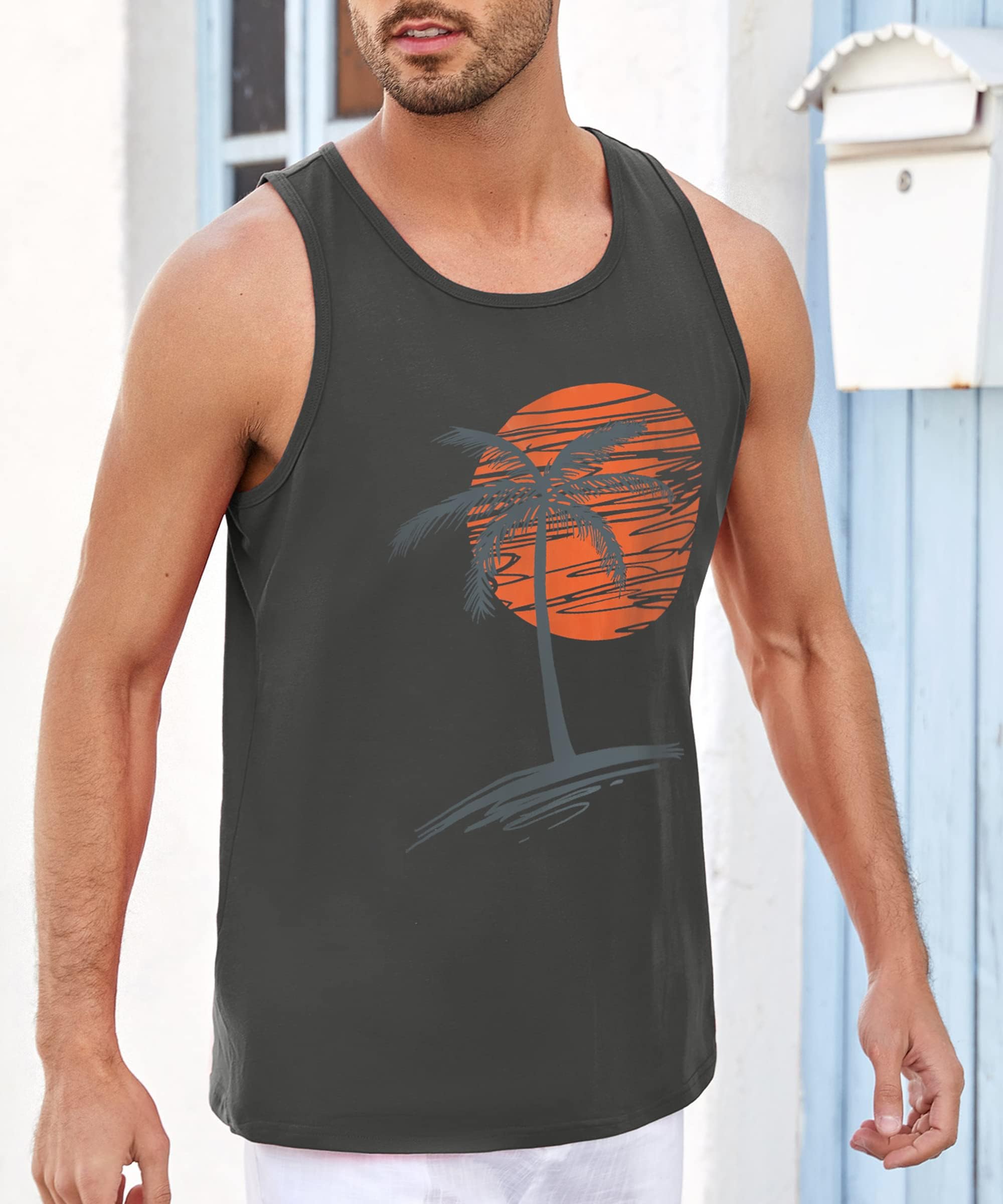 Runcati Camiseta de tirantes estampada para hombre, sin mangas, para deporte, fitness, gimnasio, entrenamiento, camiseta interior de algodón, transpirable, para culturismo