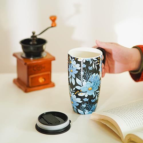 Miniatura 3 de Topadorn Taza de cerámica taza de café de porcelana de flor azul con caja de regalo, 17 oz. Flor azul