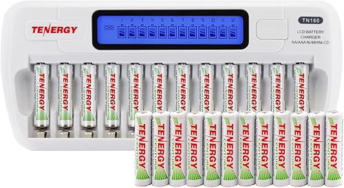 Tenergy TN160 Cargador LCD de 12 bahías AA/AAA NiMH/NiCD y paquete de 24 baterías recargables Centura AAA NiMH