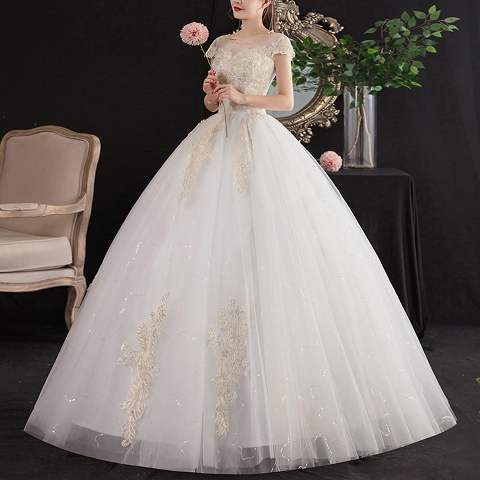 Vestido De Novia De Mujer para Mujeres Vestidos De Novia Bordados Bordados Manga Corta Vestidos De