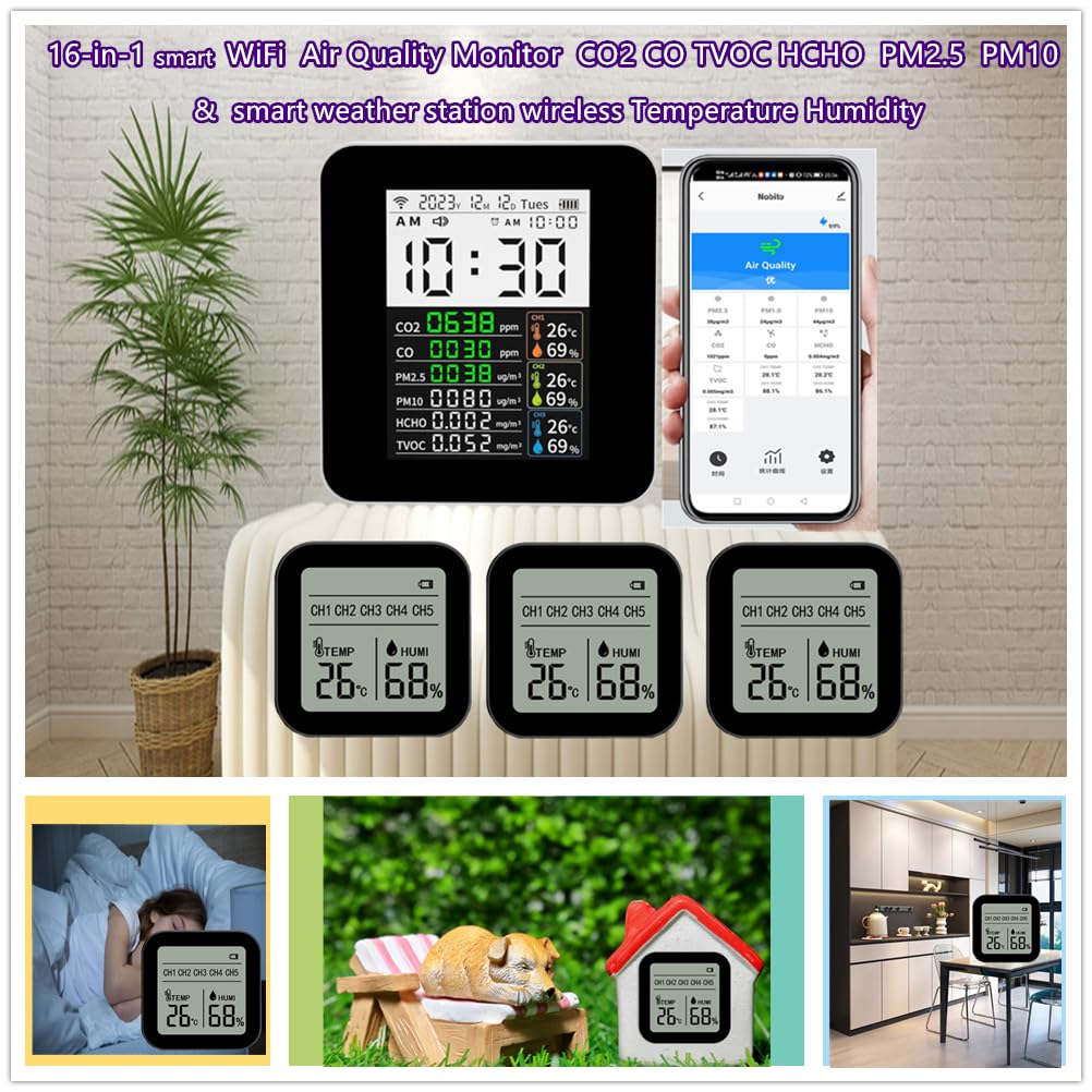 Kontenut tal-pakkett tal-Monitor tal-Kwalità tal-Arja WiFi Intelliġenti 16-f'1, li juri l-unità prinċipali, tliet sensuri remoti, u aċċessorji.