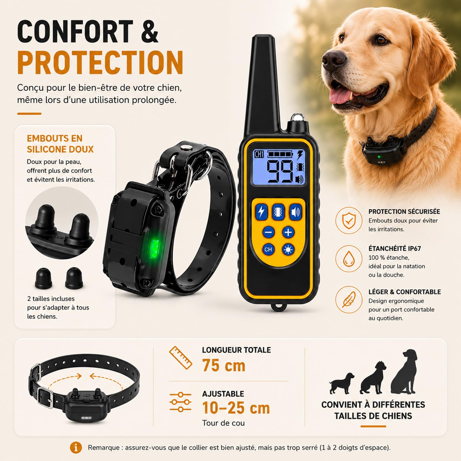 Collier de Dressage pour Chien - 4 Modes d'entraînement - Niveaux réglables 99 - Portée de 800 m - IPX67 Résistant à L’Eau - Convient à Toutes Les Races de Chiens
