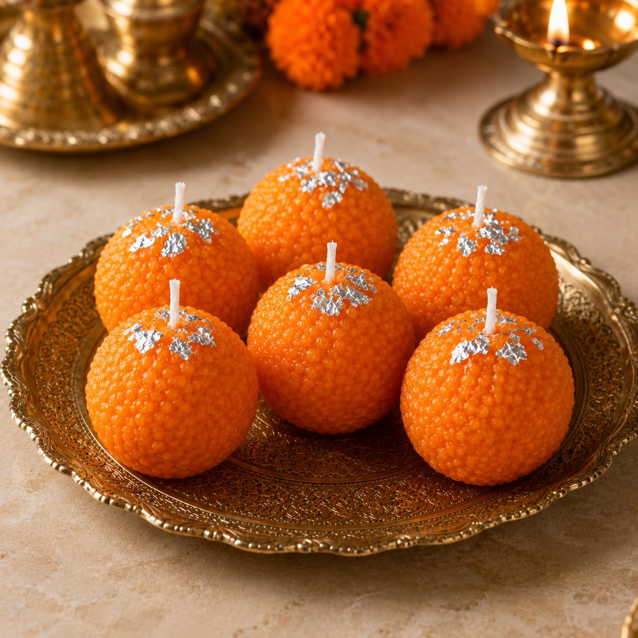 Motichoor Ladoo Shaped Candles with Silver Foil, Set of 6 | Diwali Decor, Festive Theme, Ball Shape, Decorative Wax, Pooja Thali Display-image-8