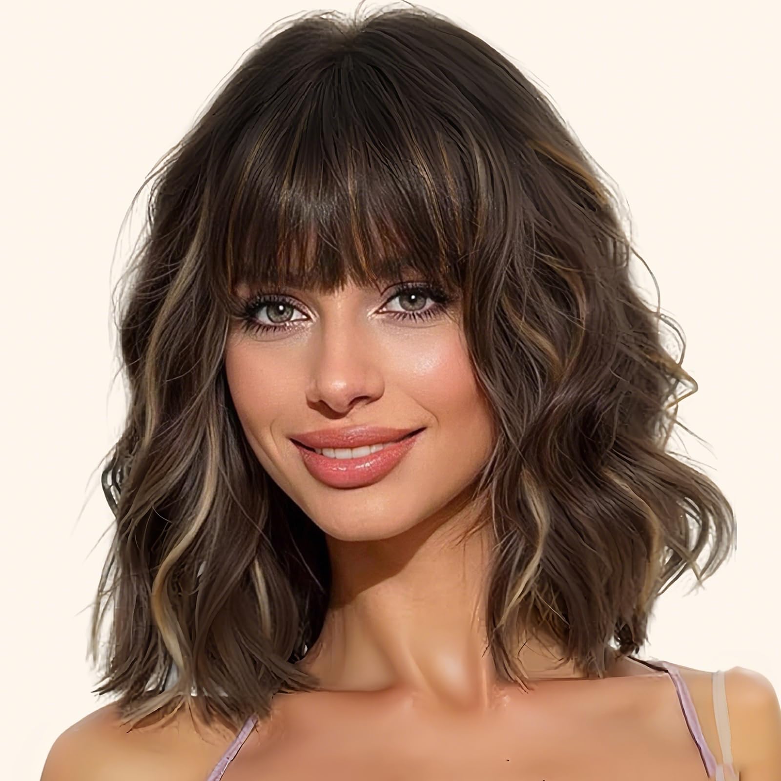 Synthetic Curly Bob Wig with Bangs Natural Brown with Blonde Highlight Short Wavy Hair for Women Natural Looking Heat Resistant Bob Wigs