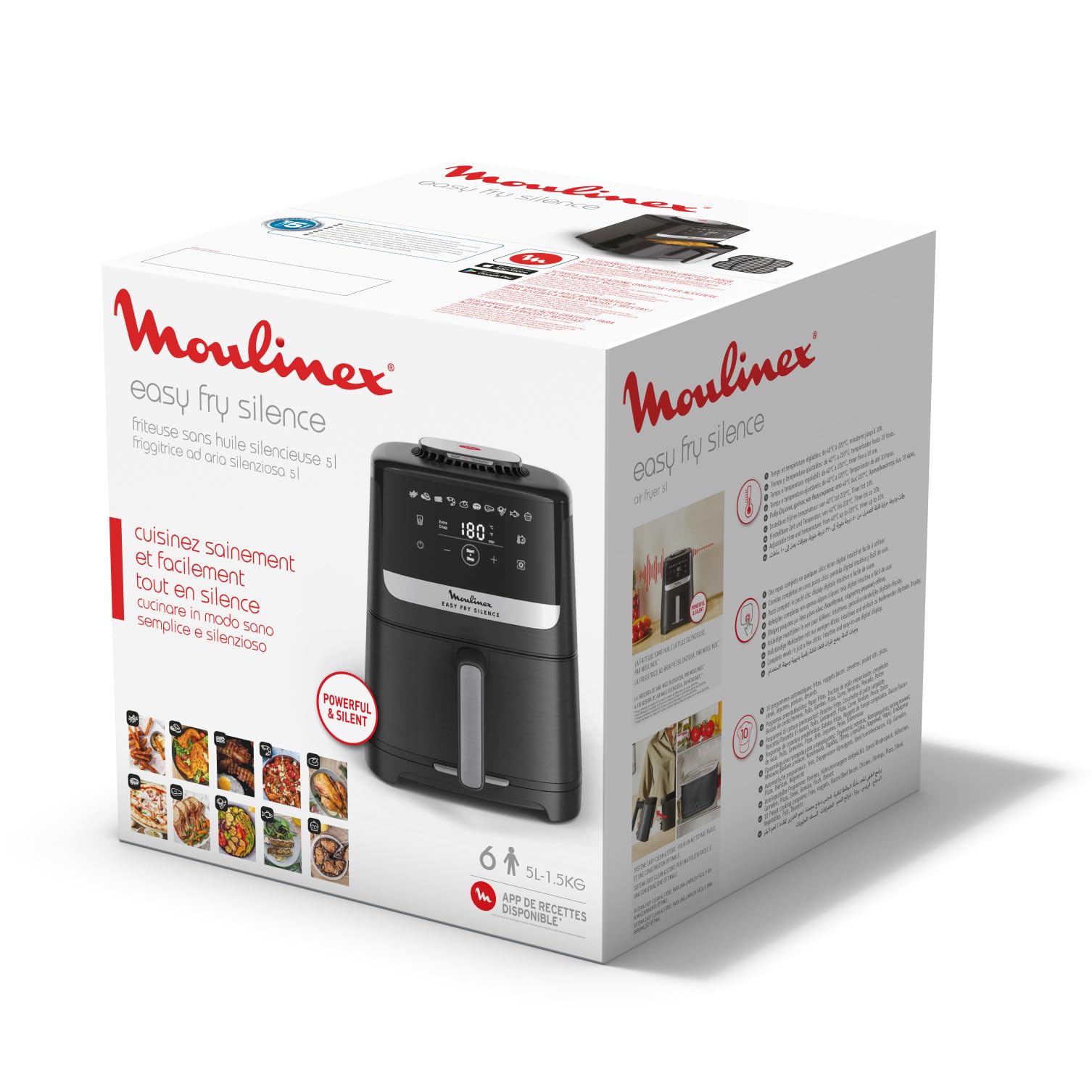 Moulinex Easy Fry Silence, freidora de aire, Cesta de Almacenaje 5L, Tecnología Silenciosa, Sistema de Limpieza y Almacenamiento Fácil, 10 programas, Negra, EZ5528F0