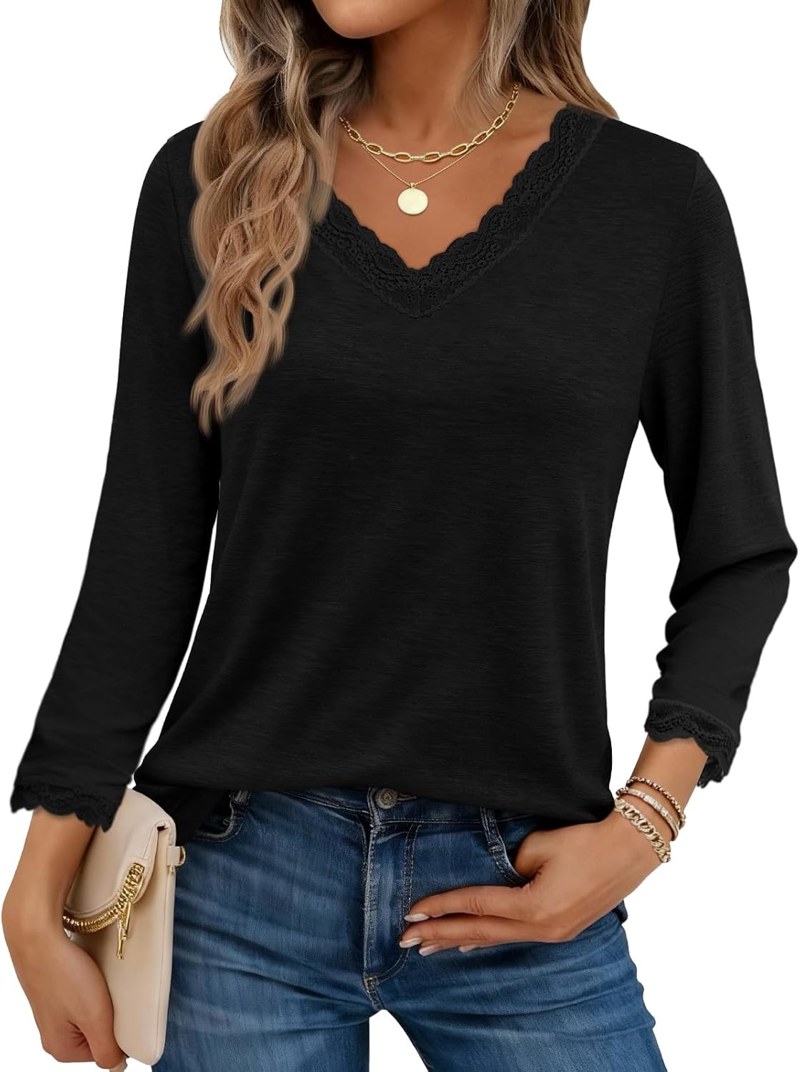 3/4 Length Sleeve Womens Tops Lace V Neck Tops Dressy Casual Ladies Blouses Shirts Fashion Clothing 2026