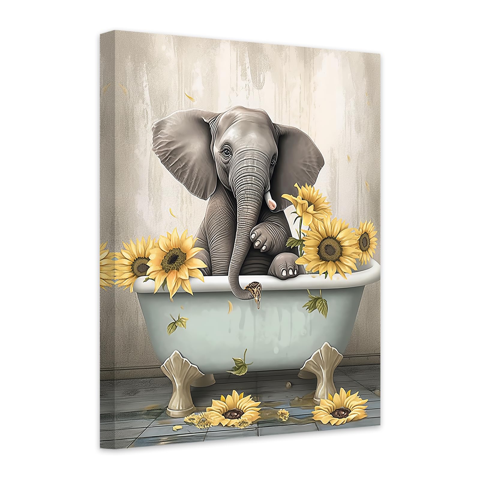 CCWACPP Funny Bathroom Wall Art Elephant and Sunflower in Bathtub Canvas Print Bathroom Animal Painting Bedroom Kids Room Toilet Wall Decor (70x105cm) โ image 1