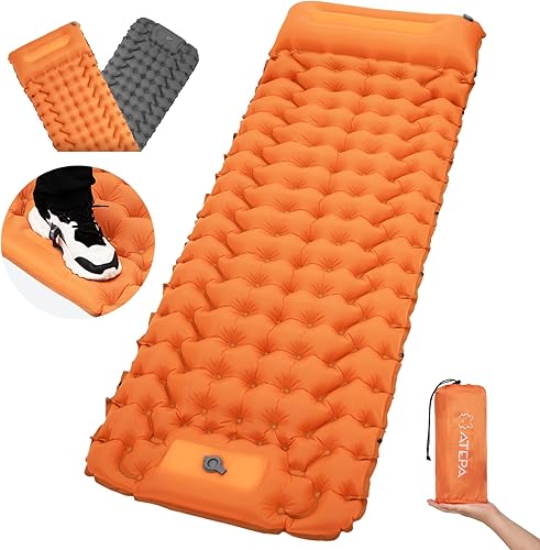 ATEPA Colchoneta inflable ultraligera para acampar y mochileros, con bomba de pie y almohada integradas, 77 x 27 pulgadas, impermeable y compacta,