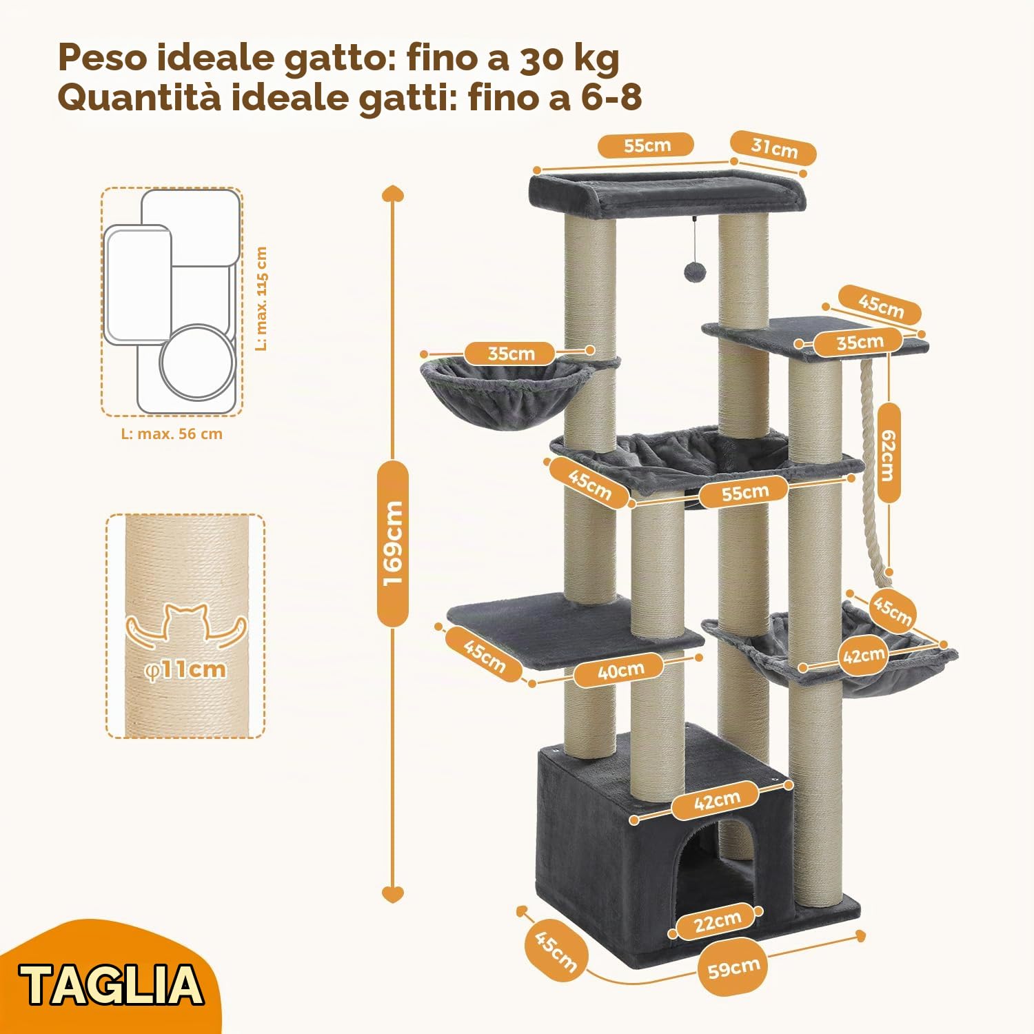 PAWZ Road Tiragraffi per gatti di grandi dimensioni, stabile con più livelli, amaca, 13 pali in sisalp (φ11 cm), grande sella, grotta, cestini, albero tiragraffi XXL, 170 cm, grigio