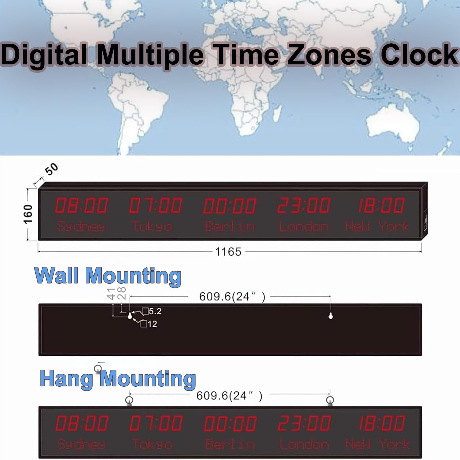 World Time Clock - Orologio da parete a LED, luminosità regolabile, multi fuso orario, in lega di alluminio, per uffici aziendali e alberghi