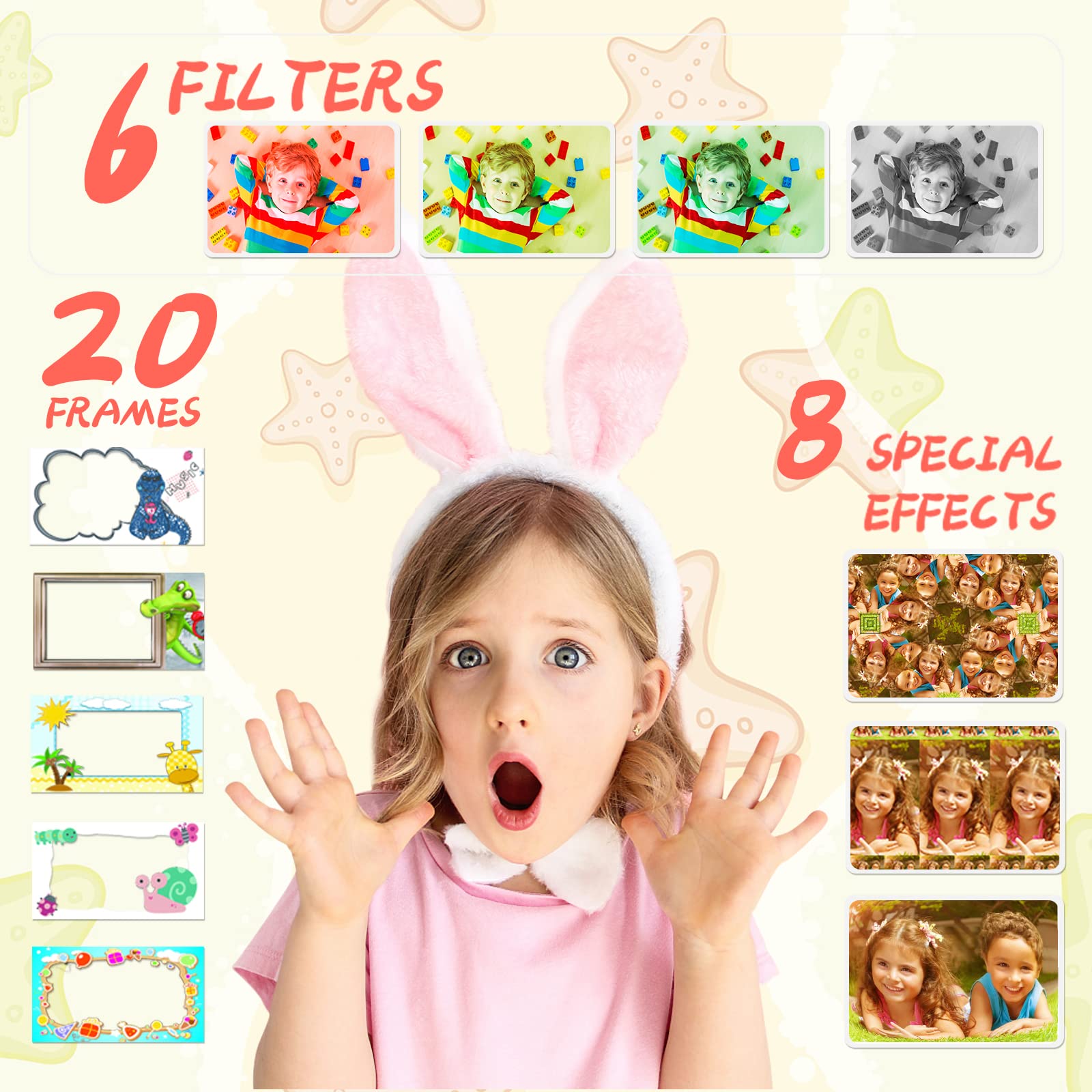 Ushining Macchina Fotografica Istantanea Bambini, 2,4 Pollici Fotocamera Istantanea Bambini, 1080P HD Videocamera con 32GB SD Scheda 3 Rotoli di Carta da Stampa 5 Penne colorate, Regali per 3-12 Anni