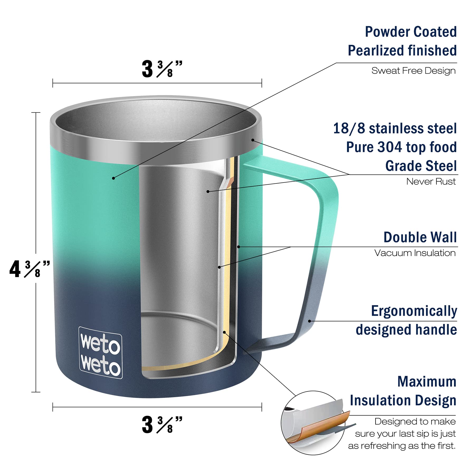 WETOWETO Juego de tazas de café de 14 onzas, taza de camping aislada al vacío con tapa, vaso de viaje de acero inoxidable de doble pared, taza de café al aire libre, océano secreto recubierto de polvo