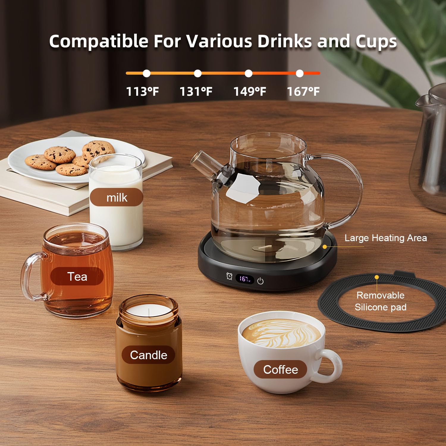 Calentador de tazas de café y juego único de tazas de mármol, calentador de tazas eléctrico inteligente para computadora y oficina, 4 controles de temperatura, calentador de bebidas de café, té y 8
