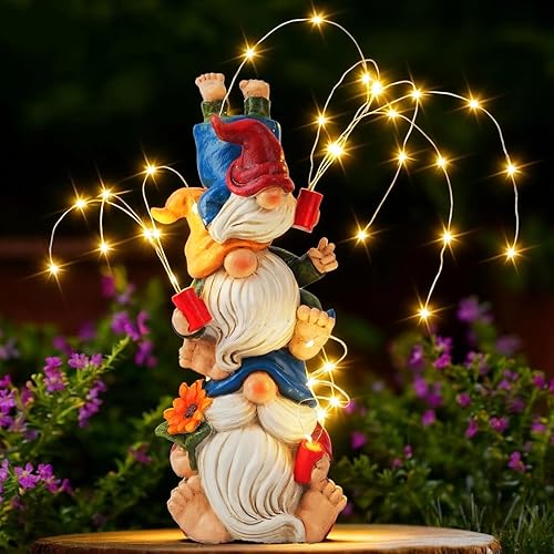 Decoraciones de gnomos para patio, triple apilado con luces de fuegos artificiales, gnomo solar de jardín al aire libre, estatua de decoración para