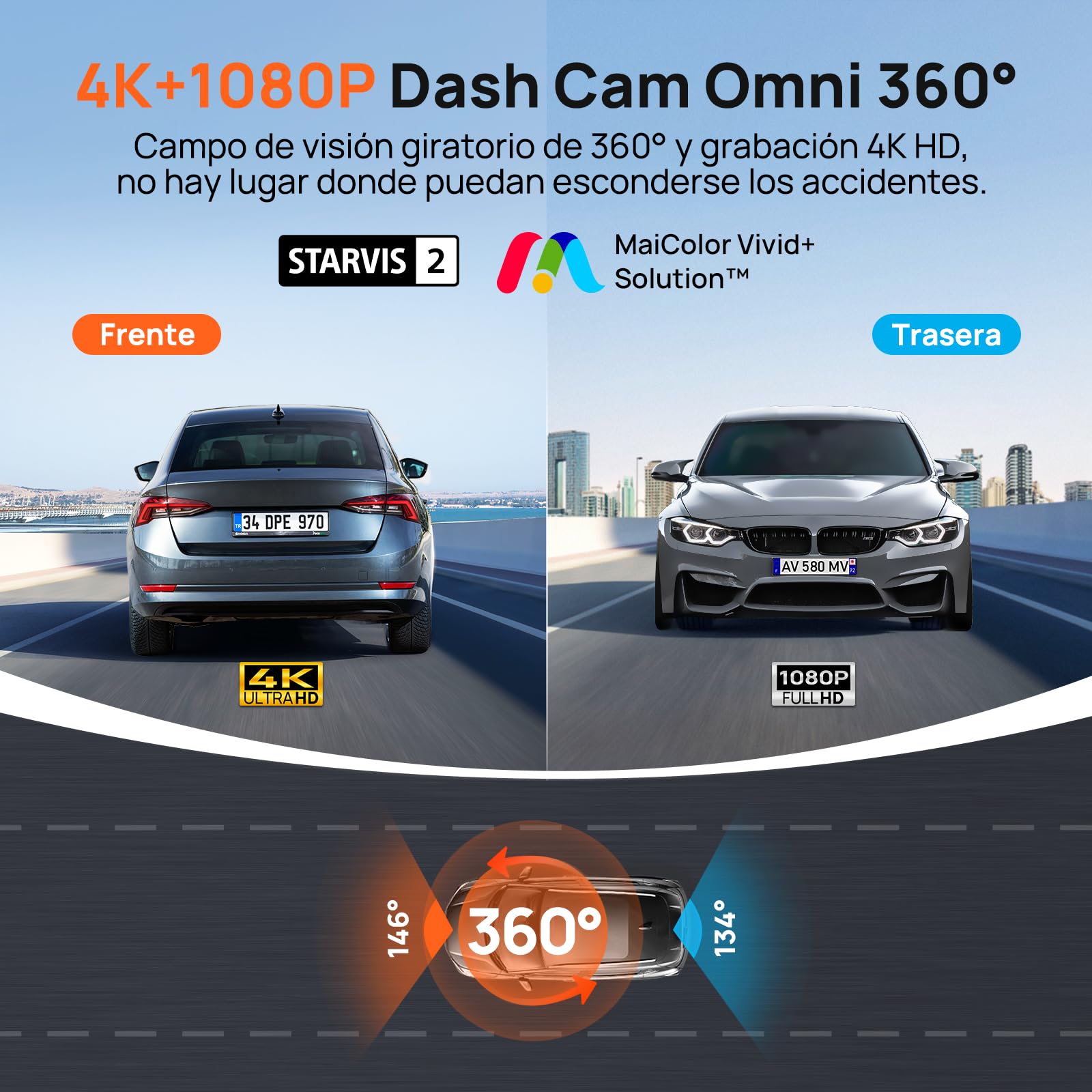 70mai Dashcam 4K Omni Câmara de Carro, Cámara de Coche (Delantera + Trasera), 4K Ultra HD + 1080P Rotación 360°, Starvis2, Detección de Movimiento, Visión Nocturna, WiFi 6, 24H Parking Mode