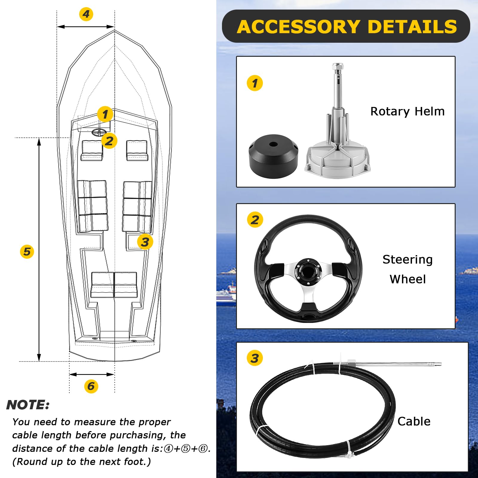 Bootslenksystem, mechanisches Rotationslenkungs-Kit, 365,76 cm Kabel-Steuerkabel Außenborder, Marine-Lenkungssysteme für Yachten, Fischerboote und andere Wasserfahrzeuge - mit Lenkrad