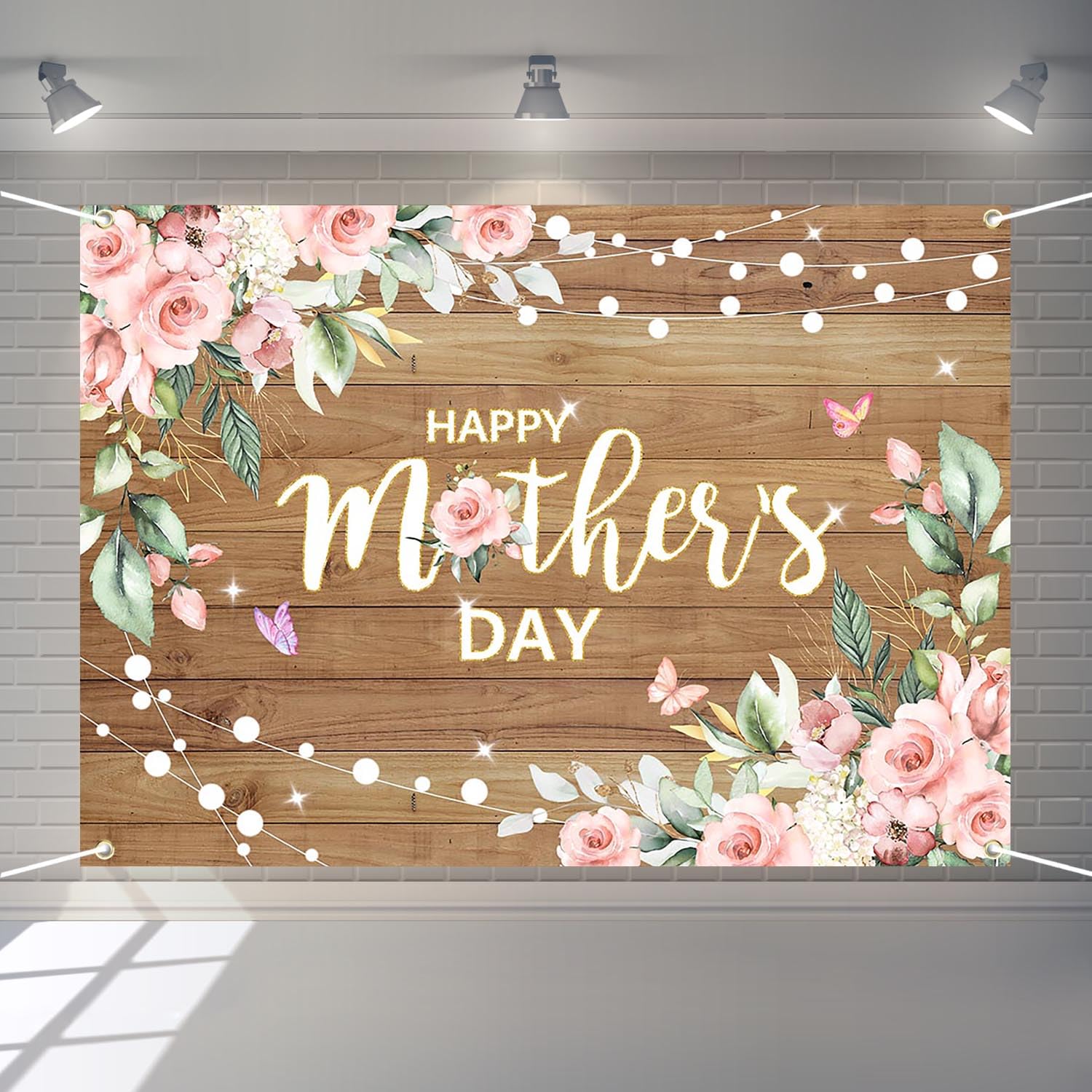 Joliaco Happy Mother's Day Backdrop Rustic Wood Watercolor Floral Mother's Day Banner Gold Glitter Thanks Mom Party Decorations Photo Booth Props (