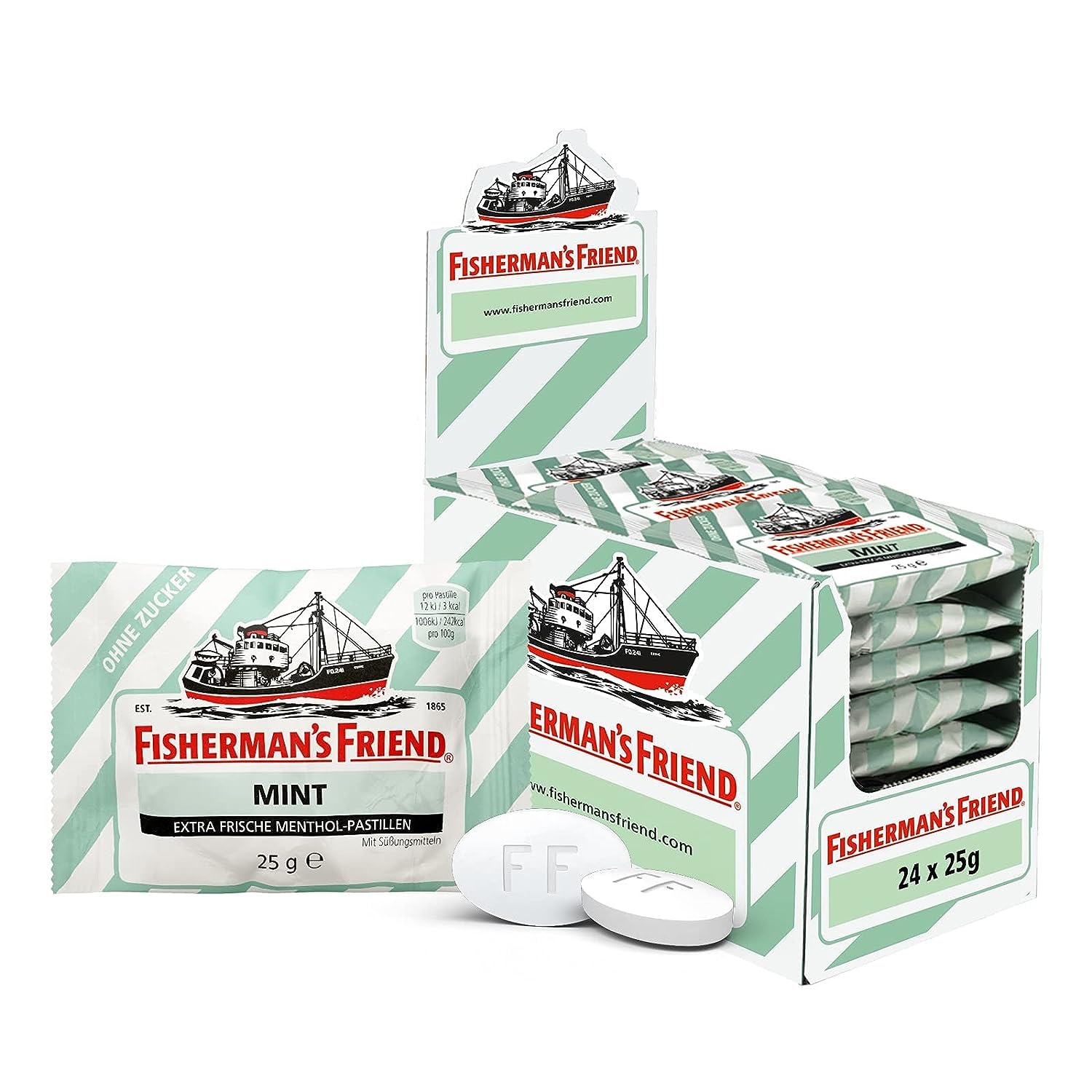 Fisherman's Friend Mint, 24er Vorratsbox, Pfefferminze und Menthol Geschmack, zuckerfrei & vegan, Bonbons für frischen Atem, 24 x 25g