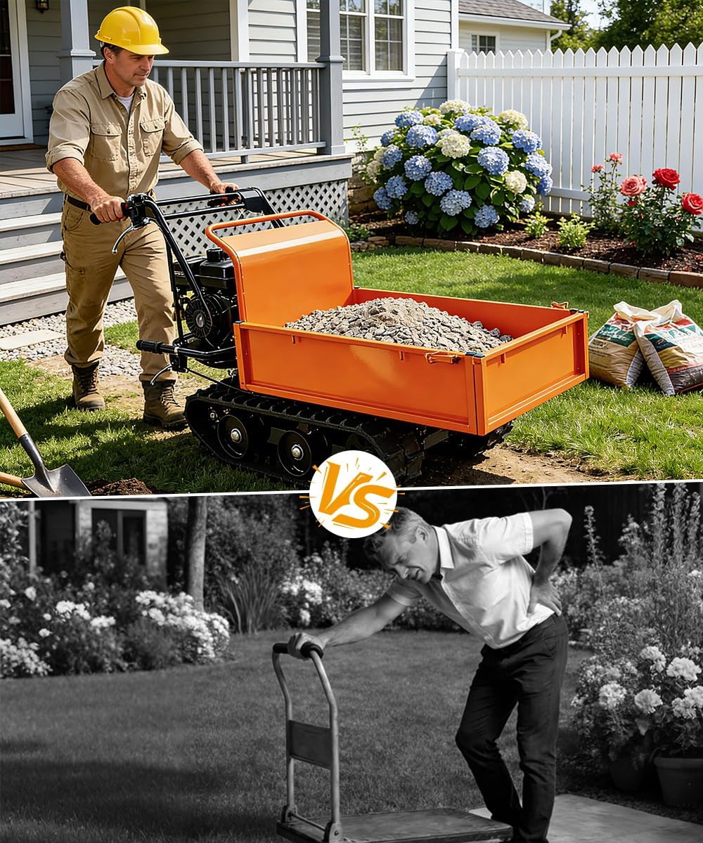 Motorized Wheelbarrow Utility Cart Gas Powered, 208cc 6.5HP, 3F+1R Capacity 660Lbs Lowering Dumper & All-Terrain Wheels, Material Hauler, Electric Wagon (660LBS Track Barrow+Convertible Sides)