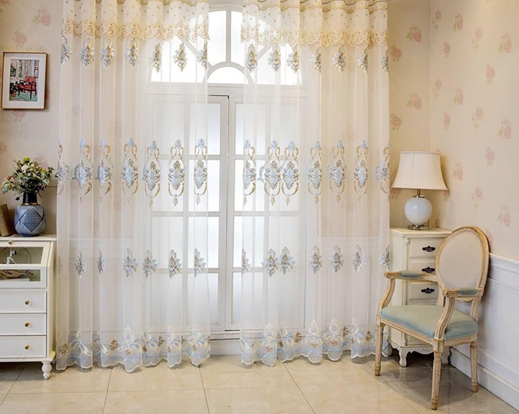 Rideau voilage fenetre blanc brodé de fleurs 240x270cm, textile haut de gamme pour grand salon