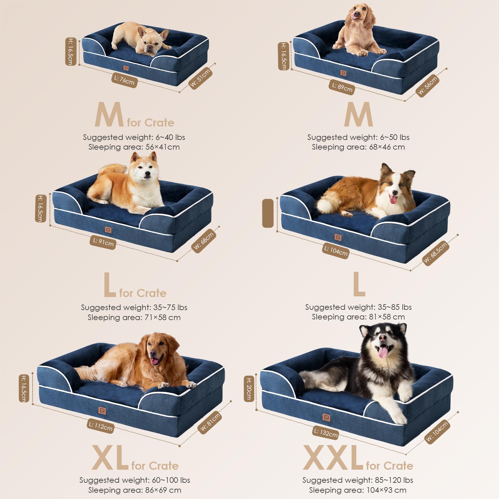 EHEYCIGA Cuccia Cane Interno Taglia Media, Cuscino Cane Impermeabile Sfoderabile e Lavabile, Letto per Cani con tre Lati Rialzati Ortopedico, Blu Navy, 89x56x16cm