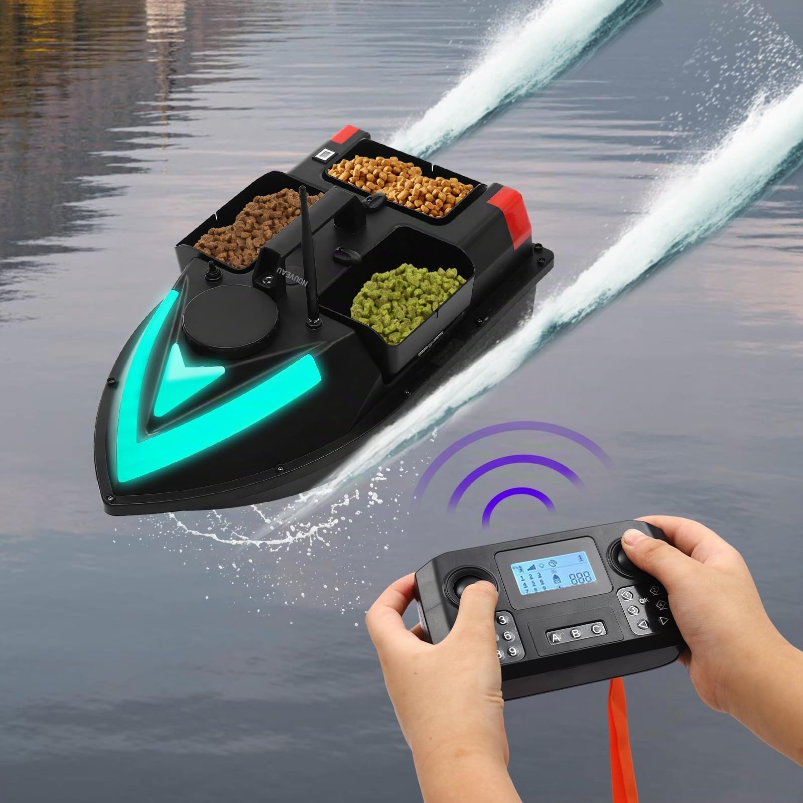 Bateau d'alimentation GPS, leurre de pêche avec bande LED télécommande, retour automatique, résistance au vent et aux vagues, 500 m RC leurre de pêche bateau appât