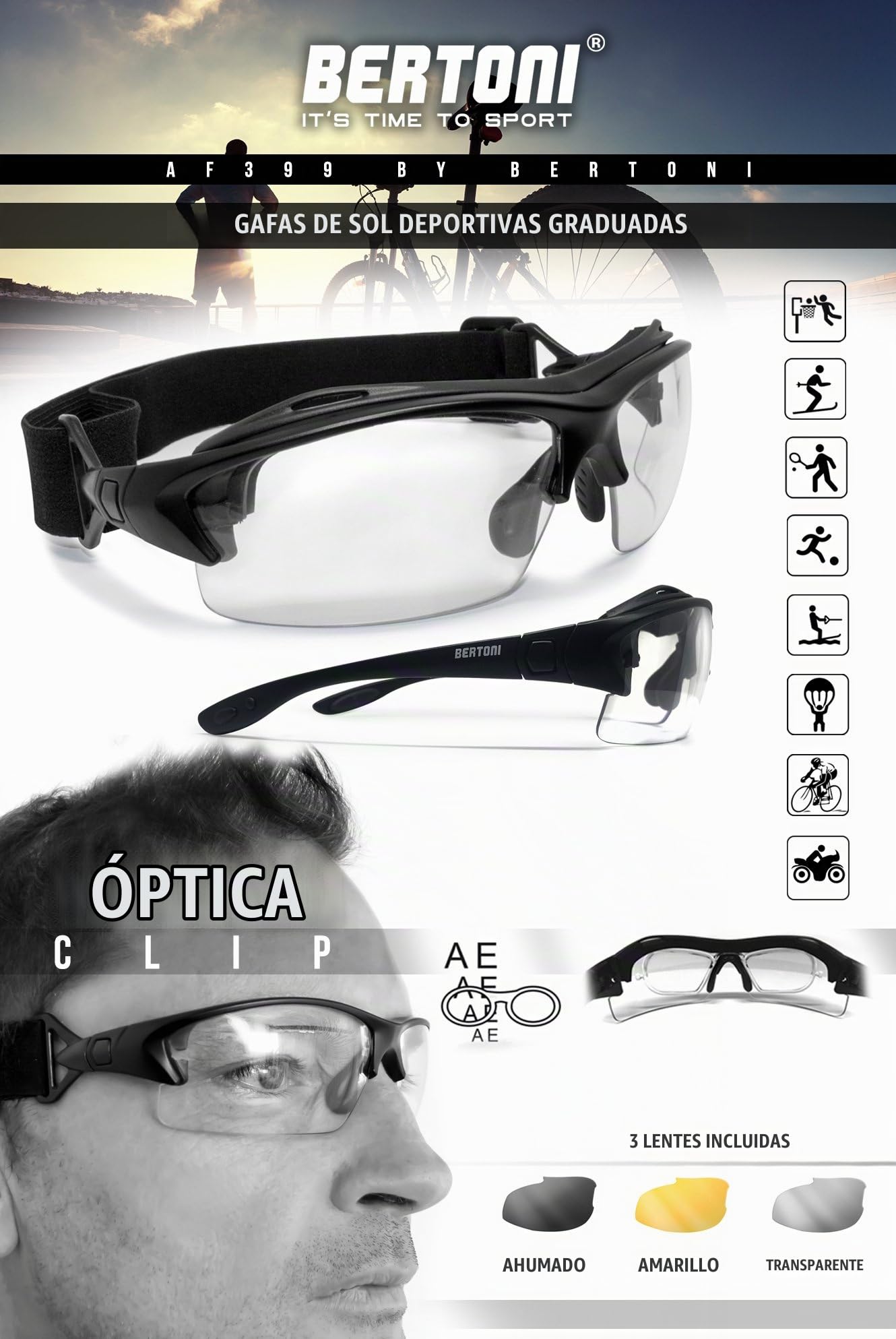 BERTONI Gafas Deportivas Graduadas con Clip Óptico para Lentes Correctivas y Patillas Sustituibles con Banda Elastica - mod 399