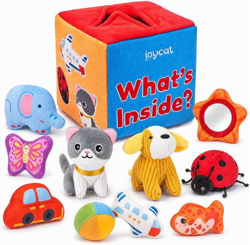 JoyCat Baby Toys 6-12 Months, Mystery Soft Box 10 Sensory Objects, Rattle | 10 sensory objects in a mystery box encourage baby exploration with rattles, crinkles and mirror play for early learning.