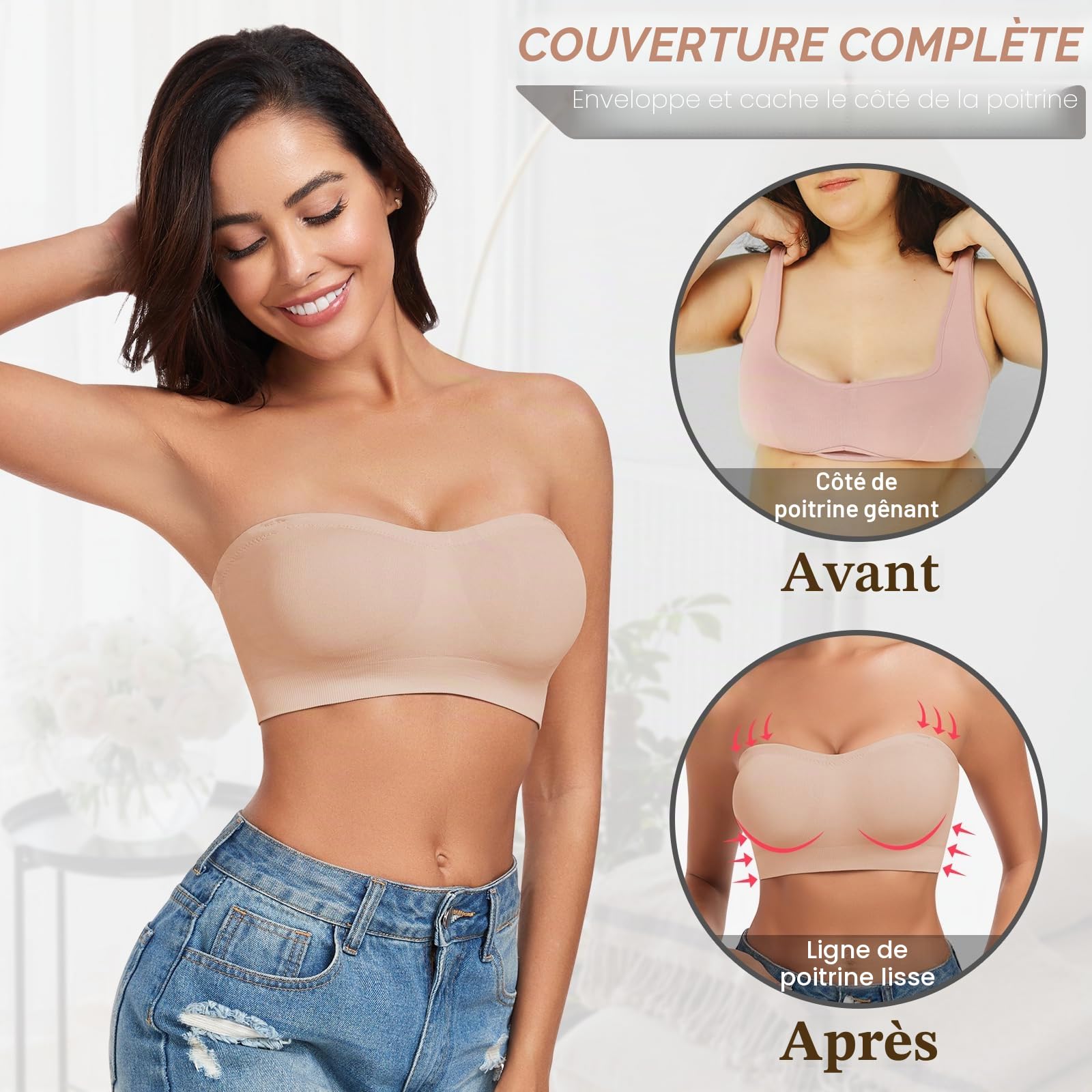 WOWENY Soutien-Gorge Bandeau sans Bretelles pour Femme sans Armatures - Bralette rembourrée sans Couture avec Bretelles Transparentes