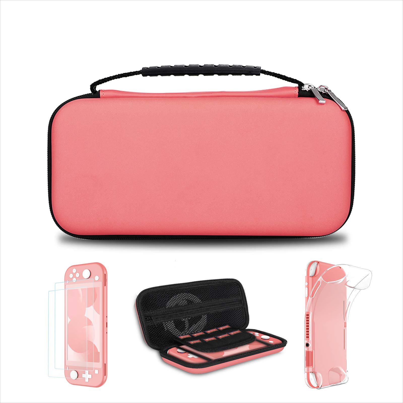 Simpeak Accessories Case Compatible with Switch Lite, Travel Carrying Case Hard Shell Storage Bag for Console and Accessories, with Tempered Glass and Silicone Protective Case for Girls Coral Pink